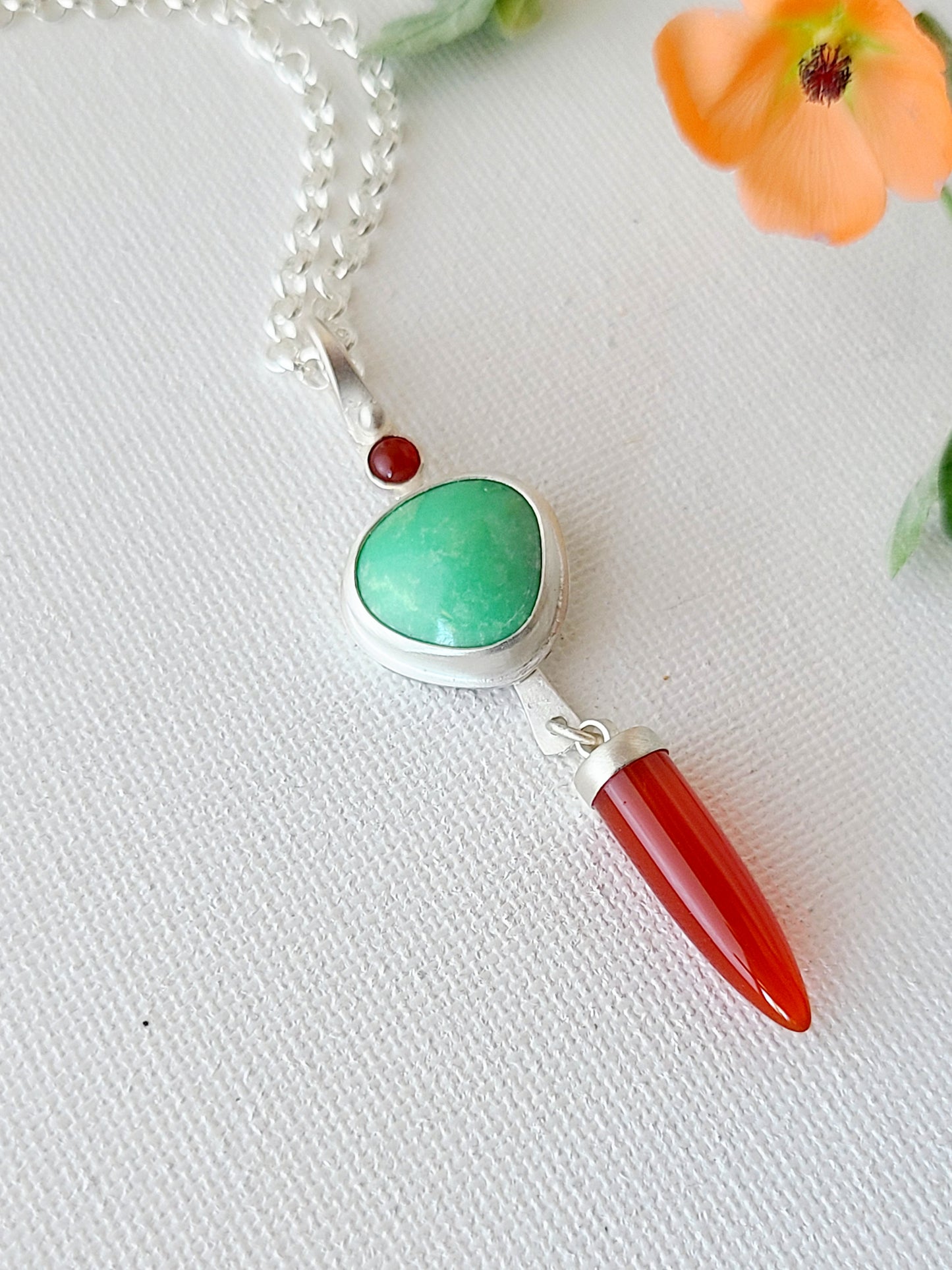 Dagger Necklace with Carnelian and Variscite-mint green