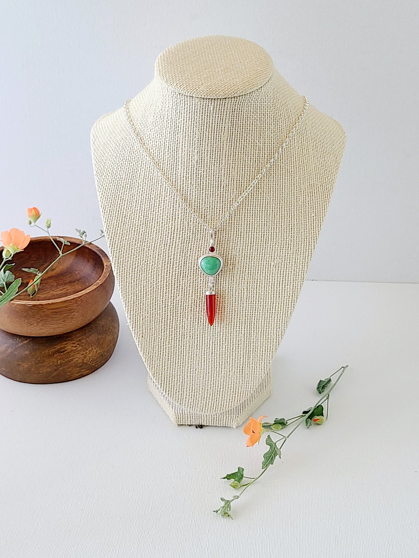 Dagger Necklace with Carnelian and Variscite-mint green