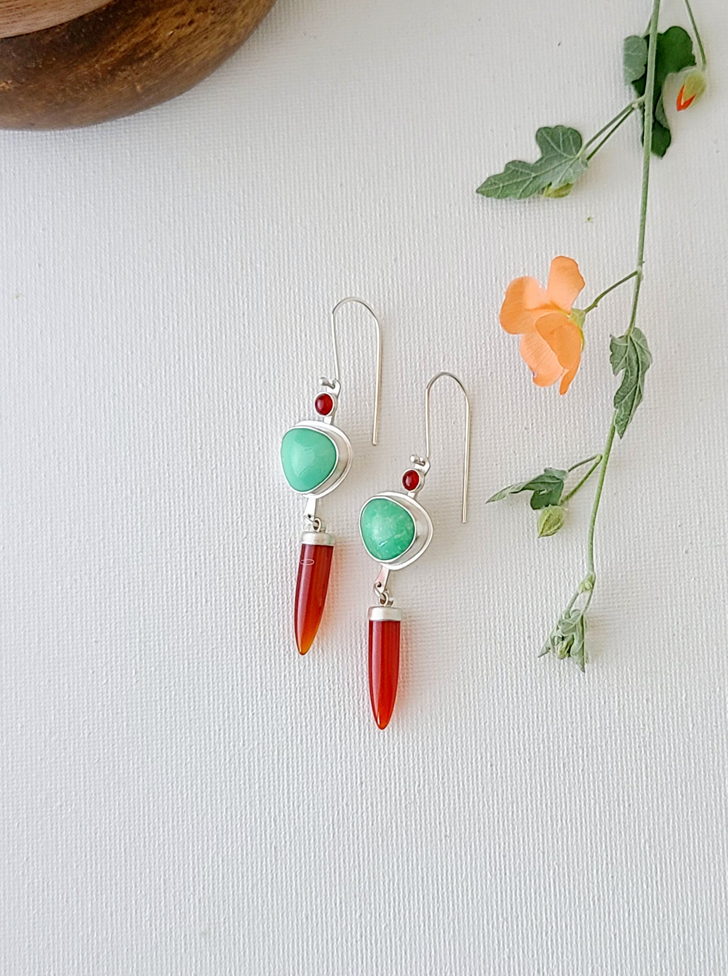 Dagger Earrings with Carnelian and Variscite-mint green