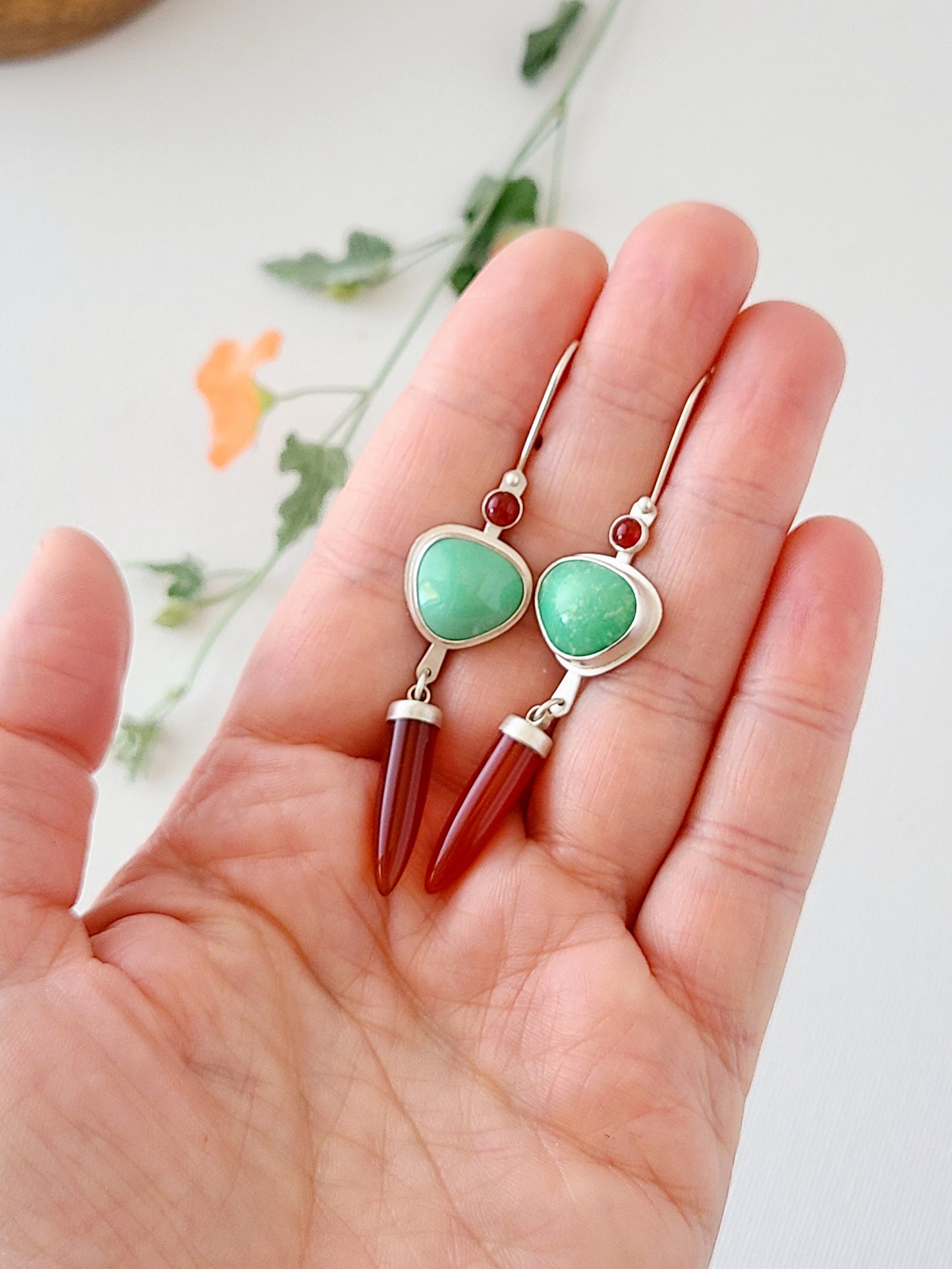 Dagger Earrings with Carnelian and Variscite-mint green
