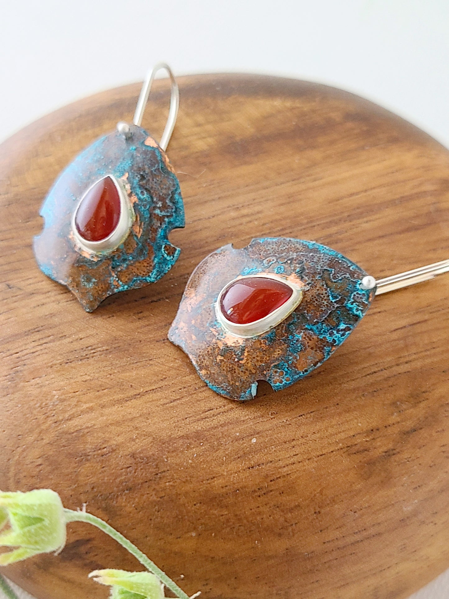 Copper Verdigris Satosa Earrings with teardrop Carnelian-Small