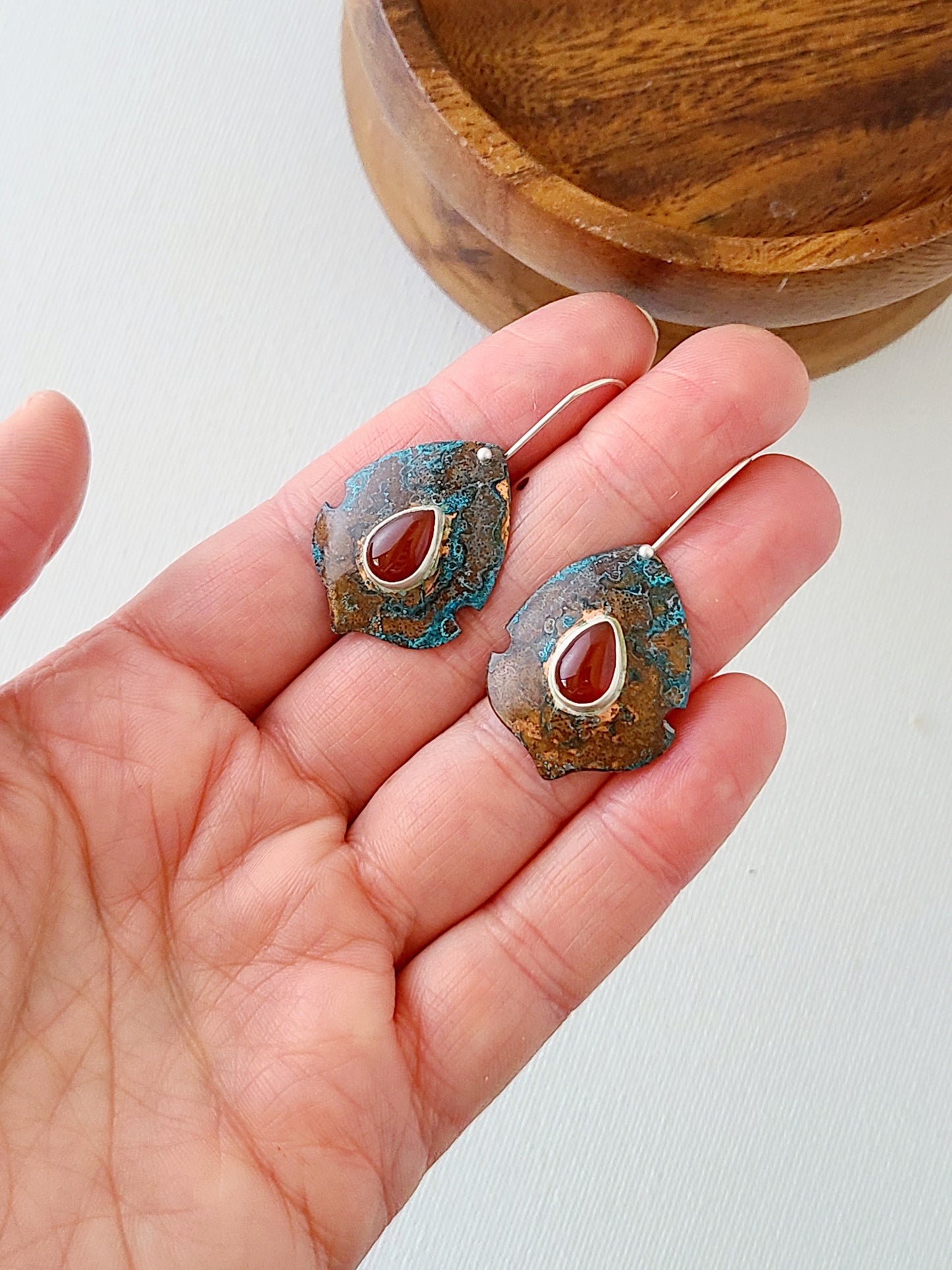 Copper Verdigris Satosa Earrings with teardrop Carnelian-Small