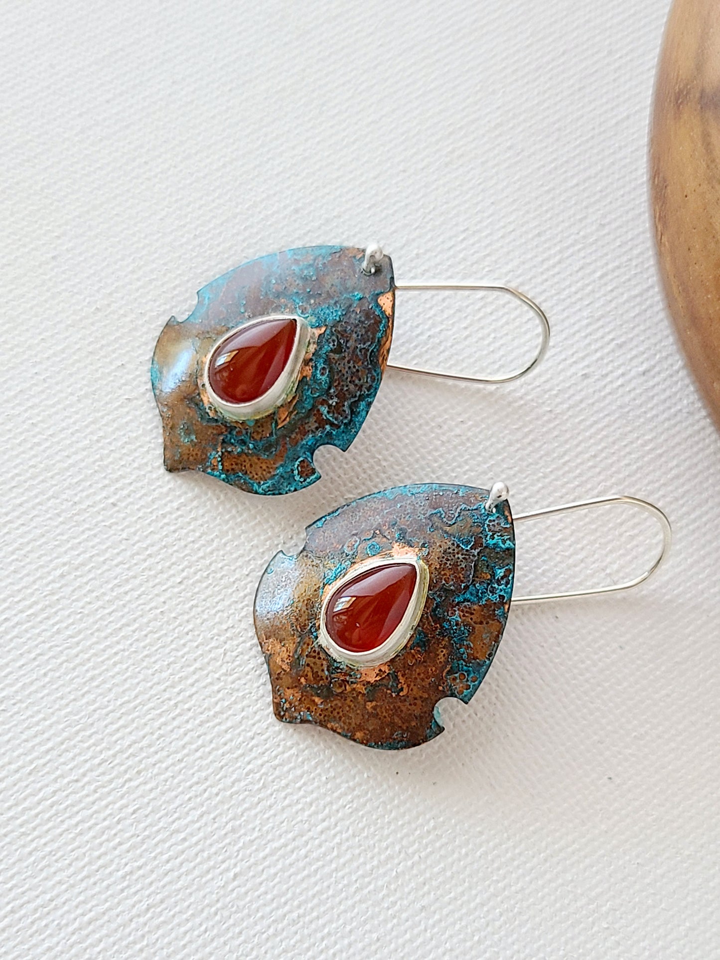 Copper Verdigris Satosa Earrings with teardrop Carnelian-Small