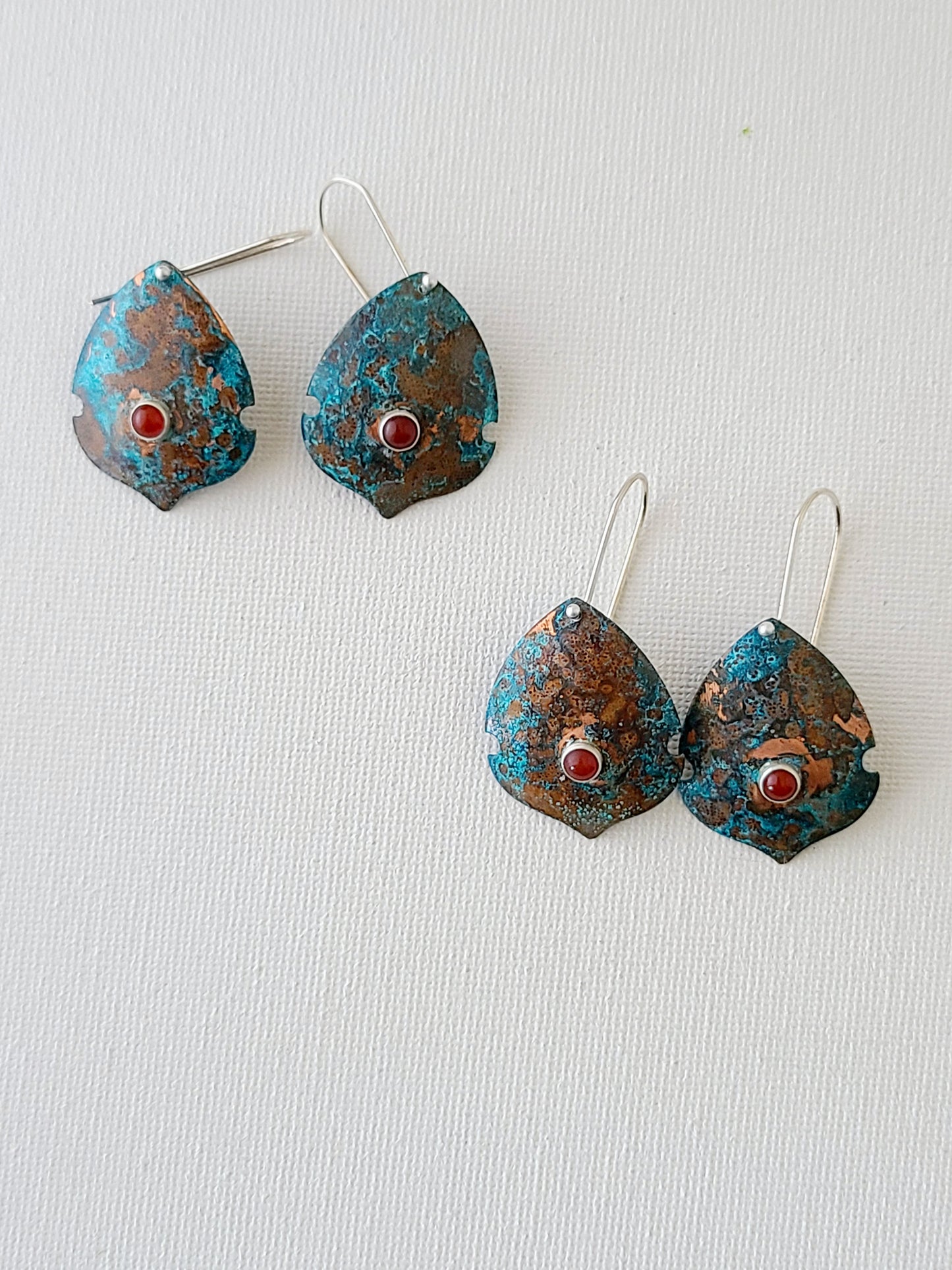 Copper Verdigris Satosa Earrings with round Carnelian-Small
