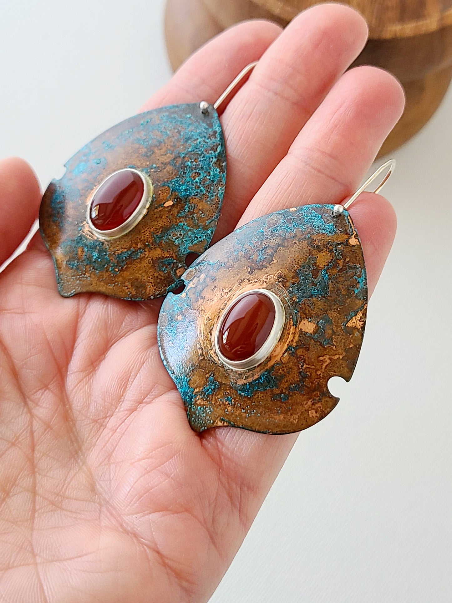 Copper Verdigris Setosa Earrings with Carnelian-XL