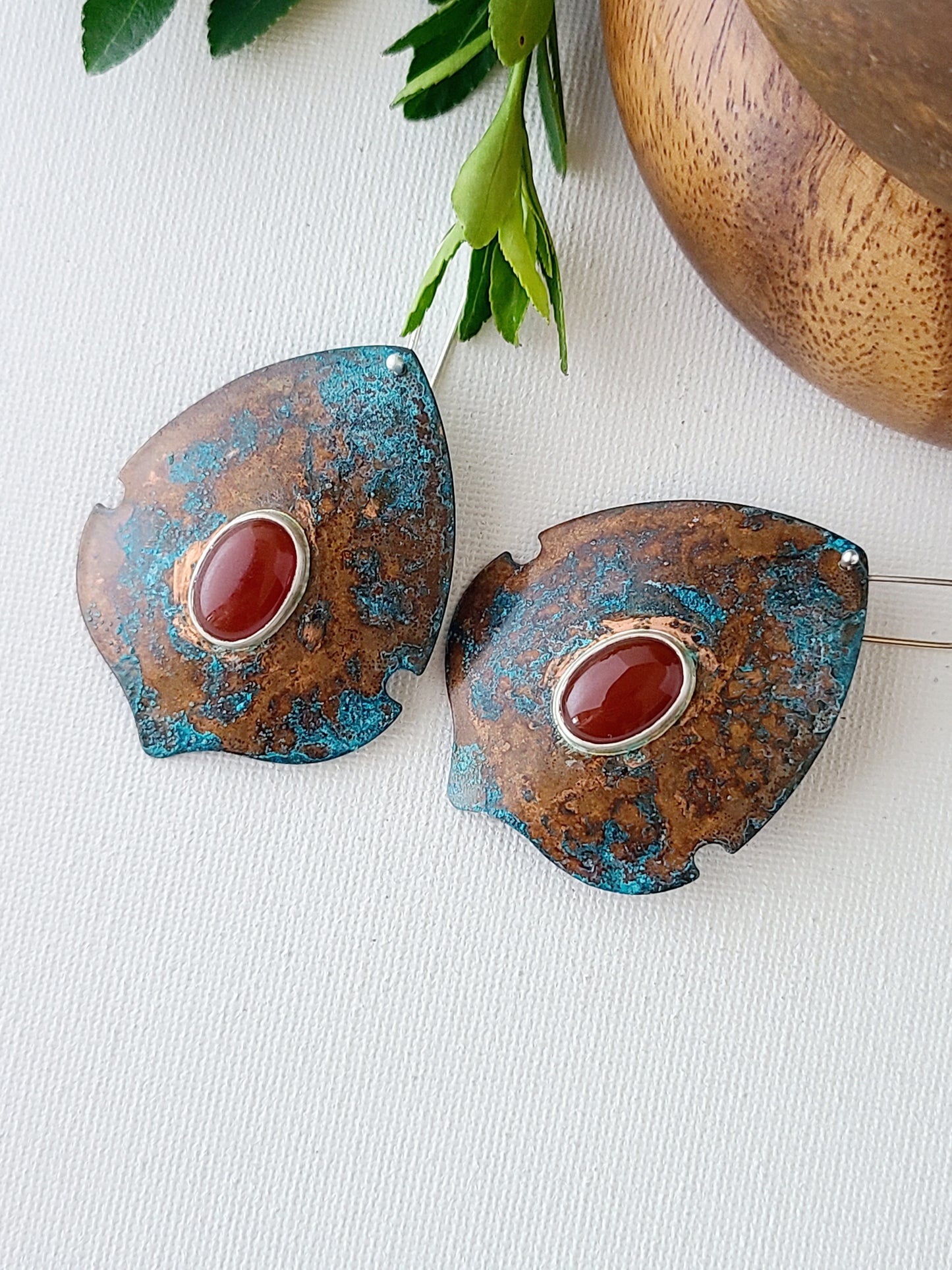 Copper Verdigris Satosa Earrings with Carnelian-XL
