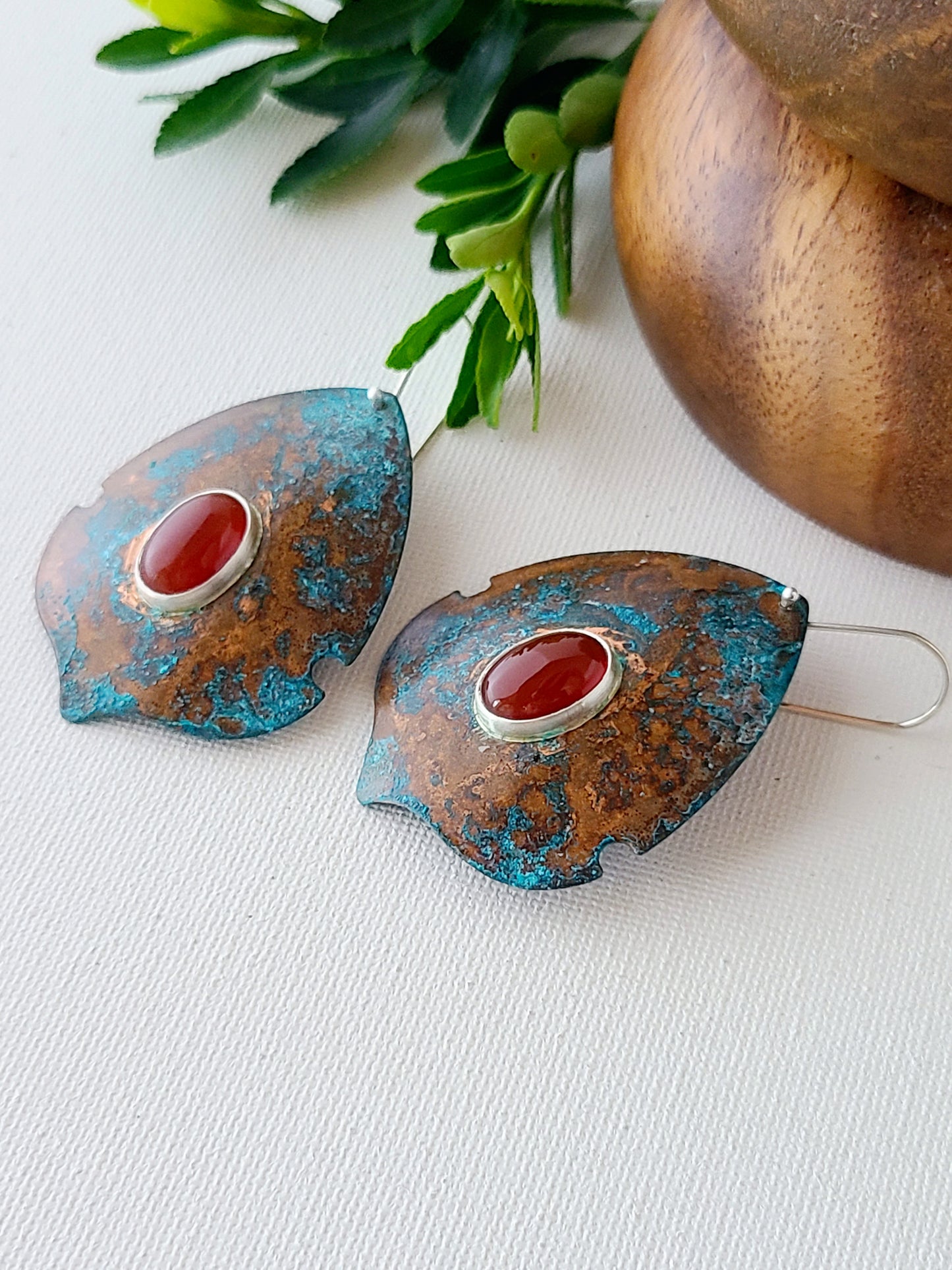 Copper Verdigris Satosa Earrings with Carnelian-XL