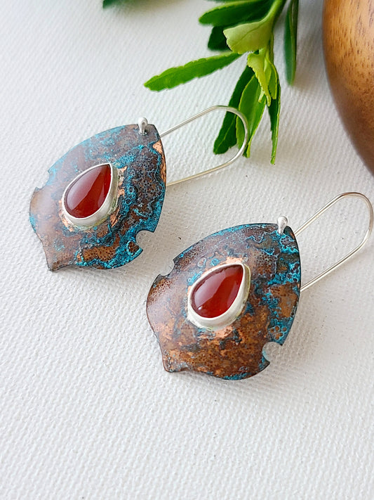 Copper Verdigris Satosa Earrings with teardrop Carnelian-Small