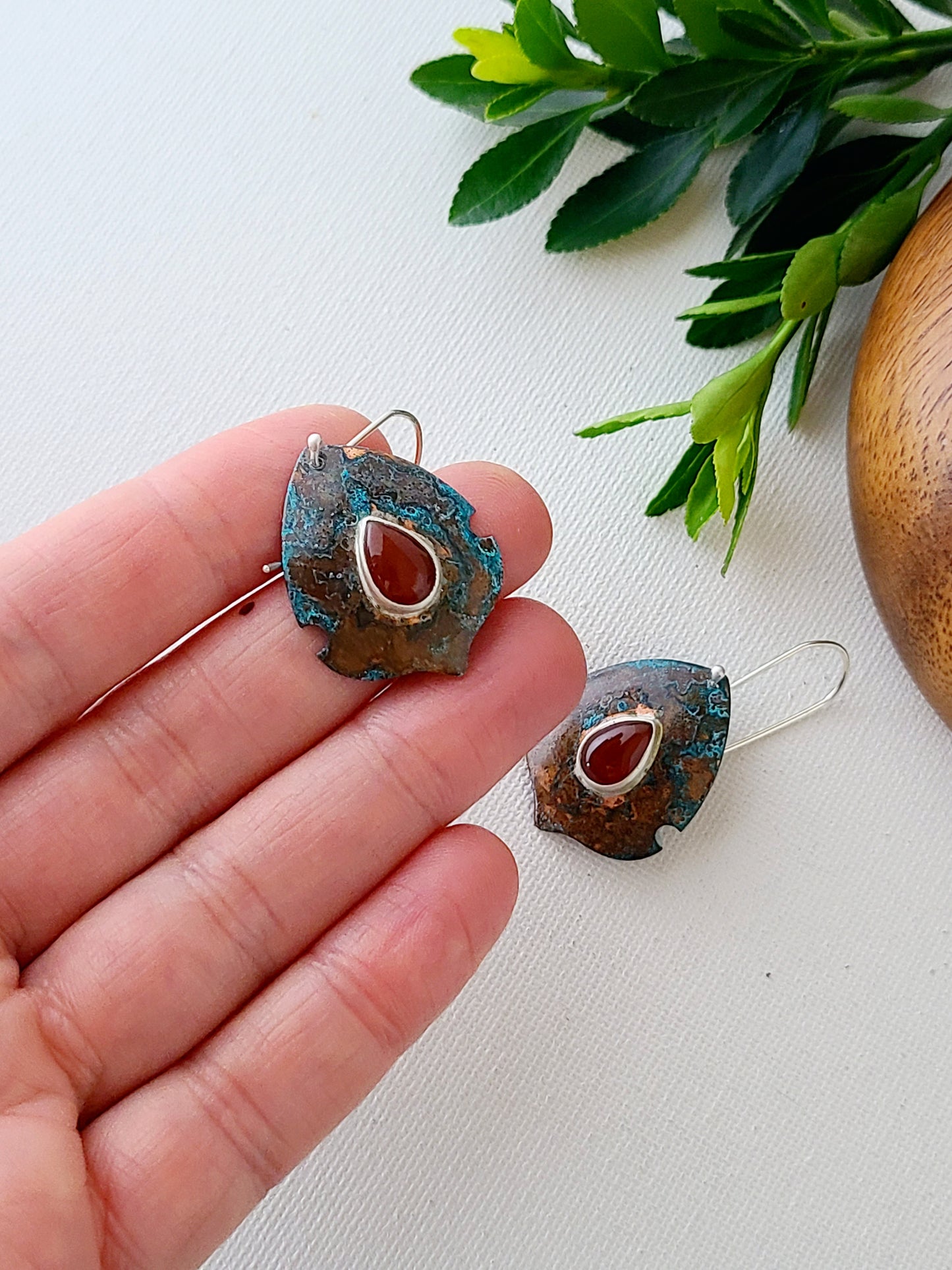 Copper Verdigris Satosa Earrings with teardrop Carnelian-Small