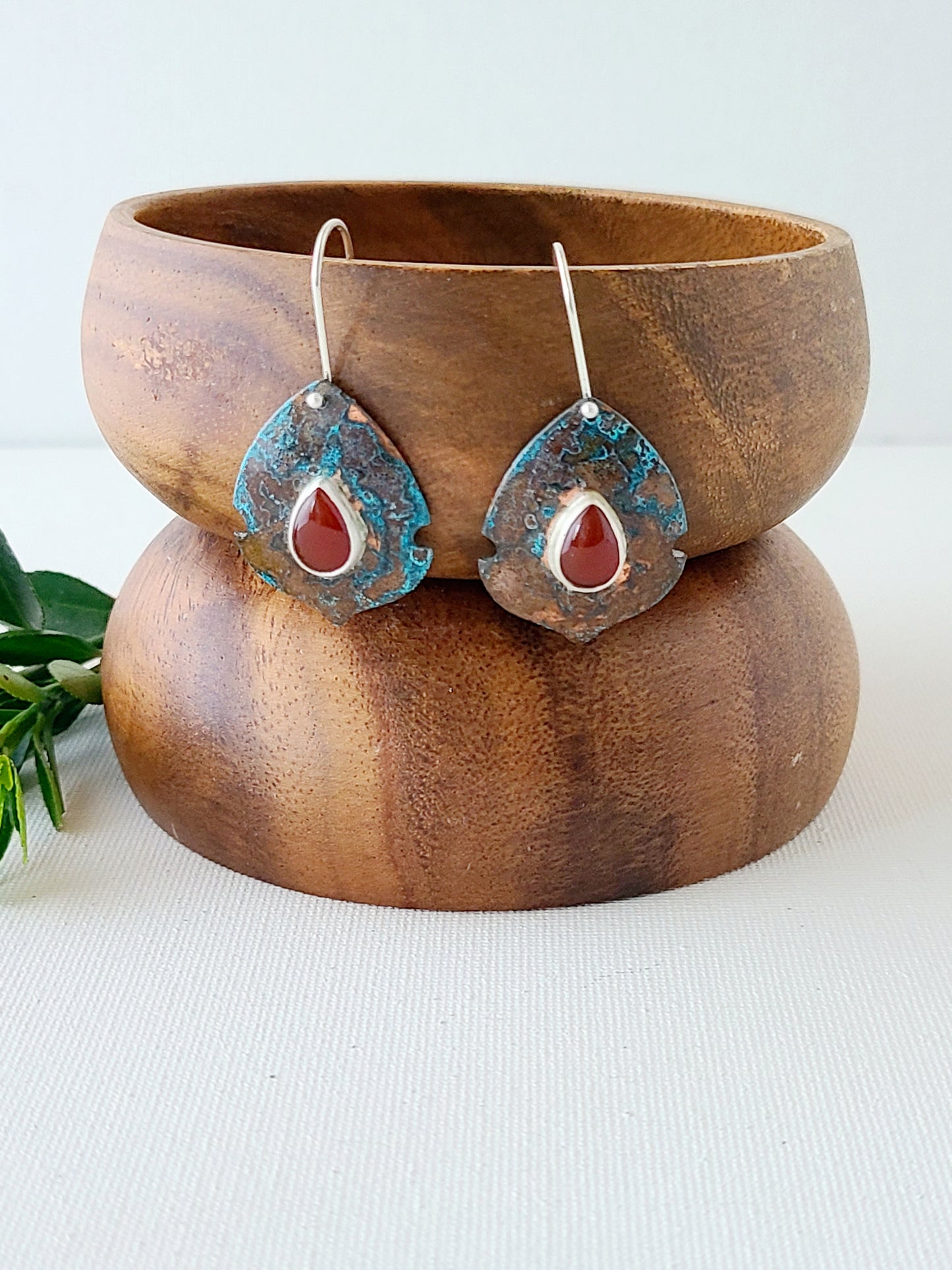 Copper Verdigris Satosa Earrings with teardrop Carnelian-Small