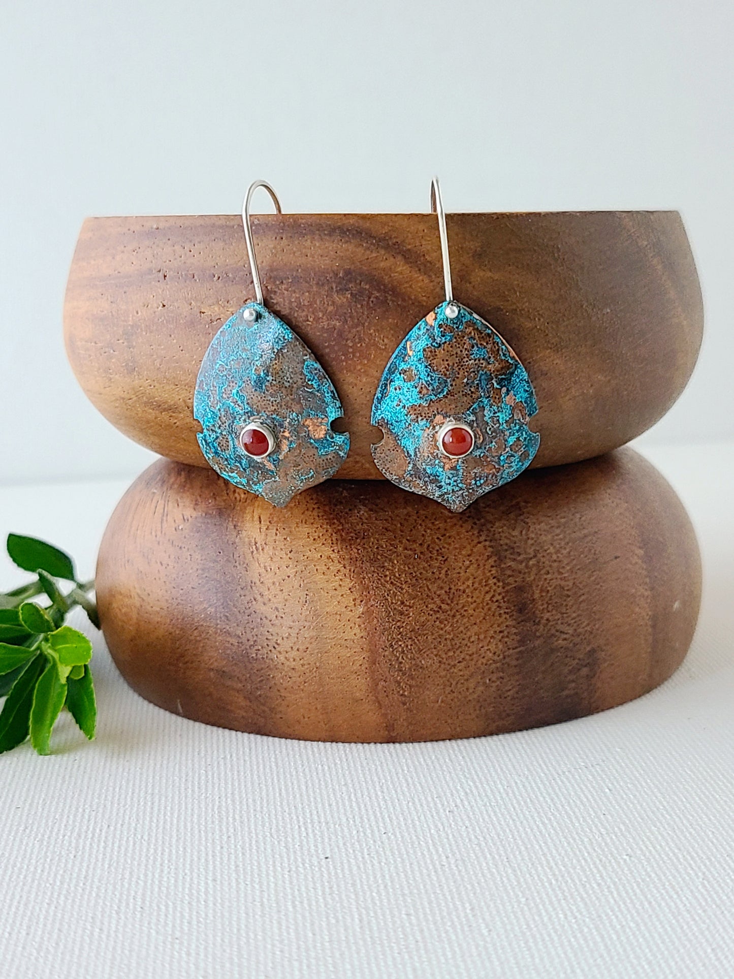 Copper Verdigris Satosa Earrings with round Carnelian-Small