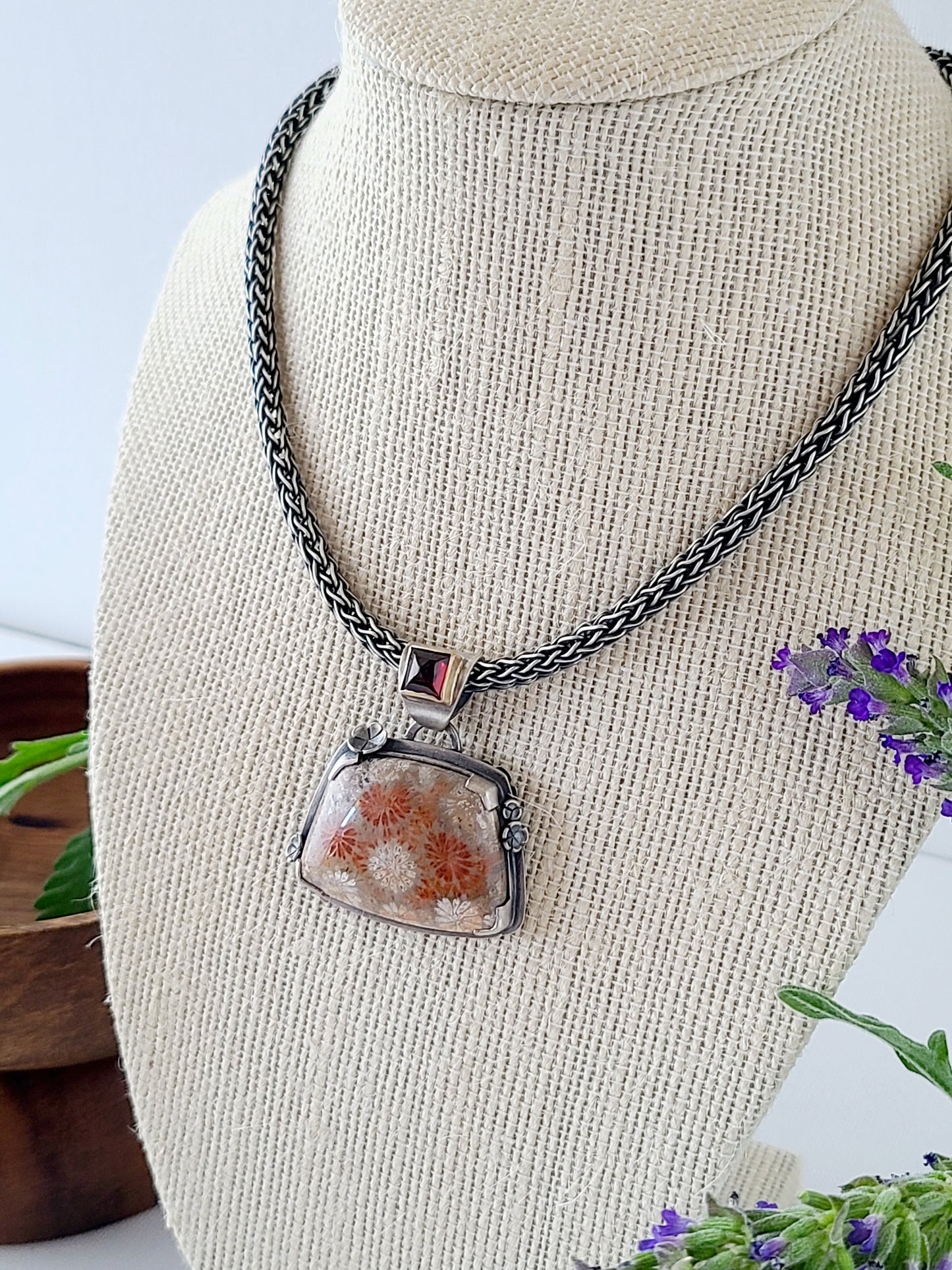 Wild Flower Necklace with Fossil Coral and Garnet-SS/14k