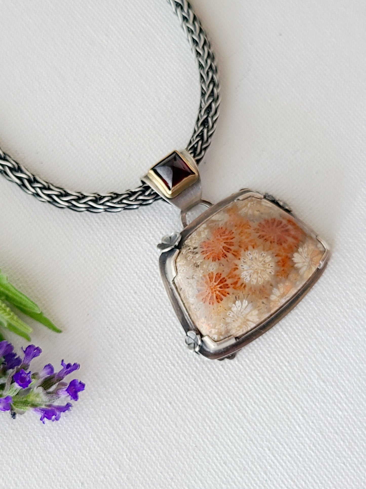 Wild Flower Necklace with Fossil Coral and Garnet-SS/14k