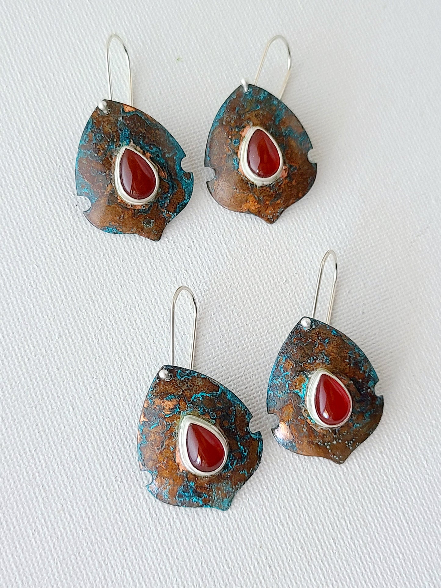 Copper Verdigris Setosa Earrings with teardrop Carnelian-Small