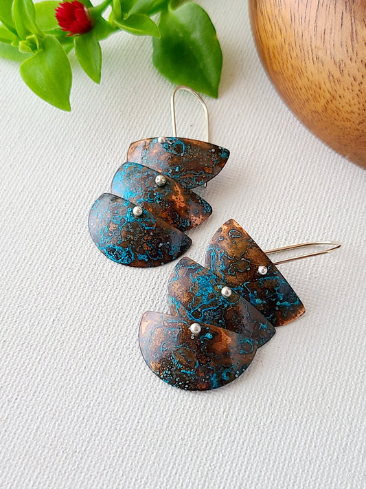 Copper Verdigris Cascade Earrings-3Tier