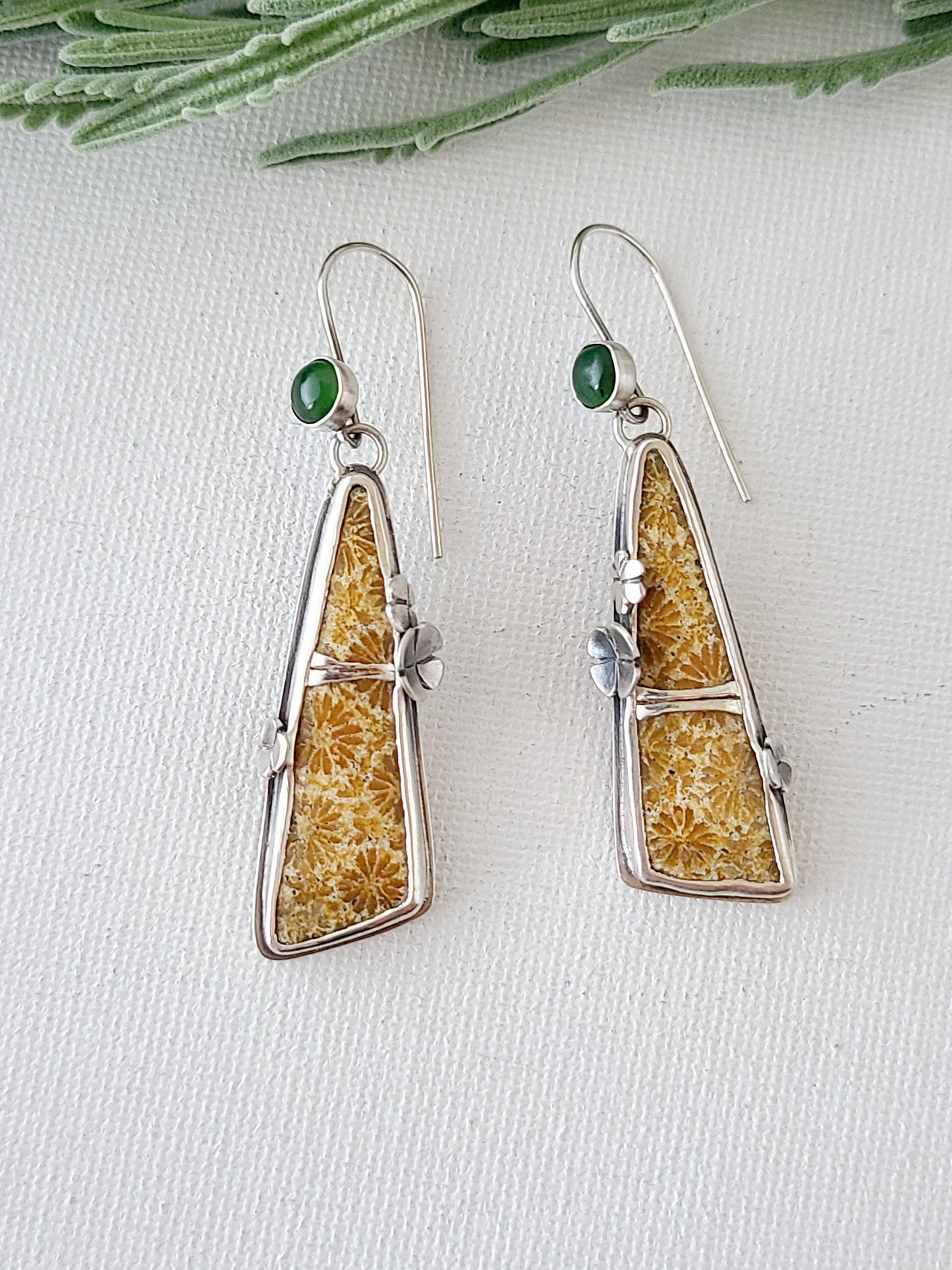 Fossil Flower earrings with Jade