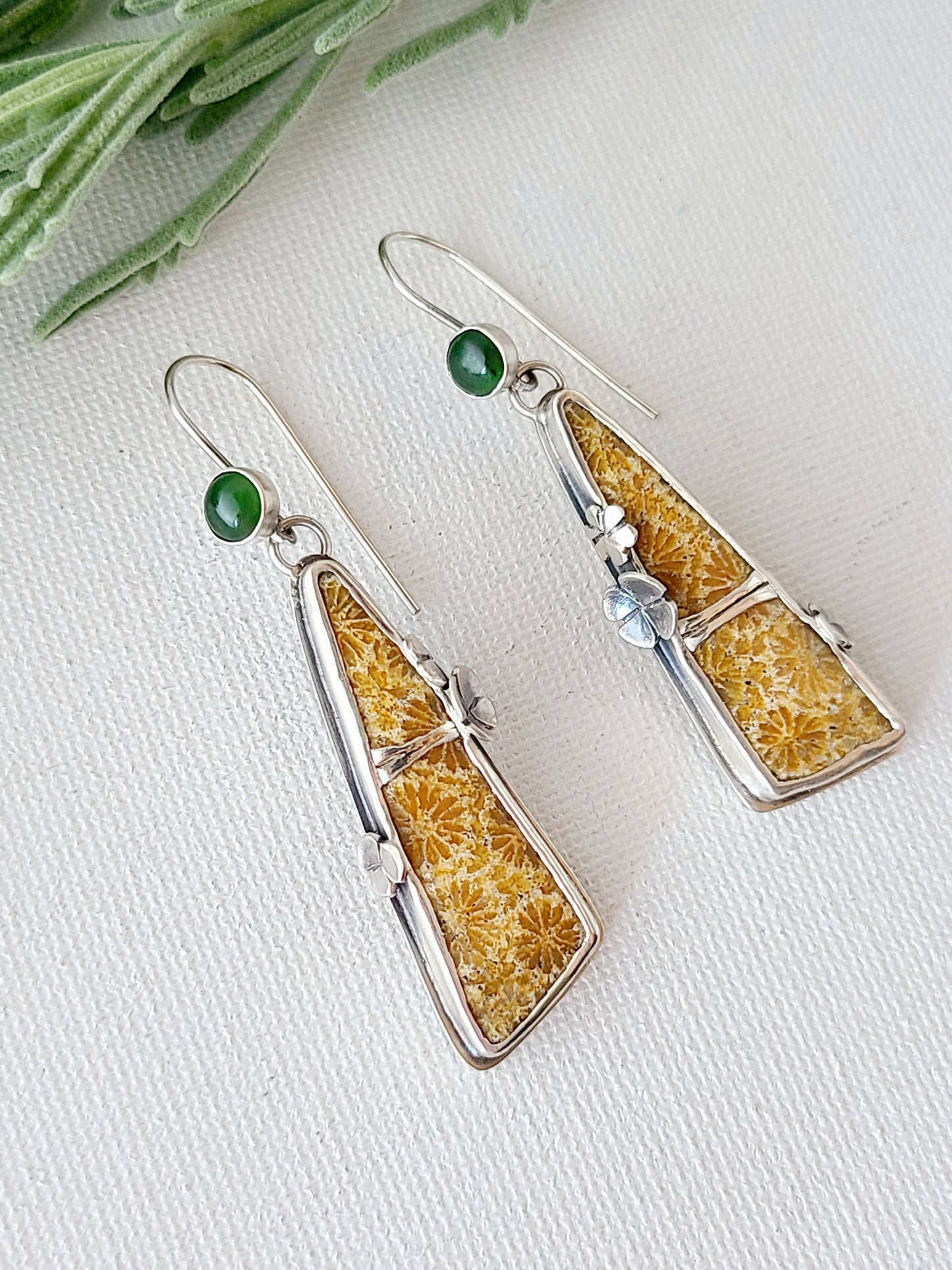 Fossil Flower earrings with Jade