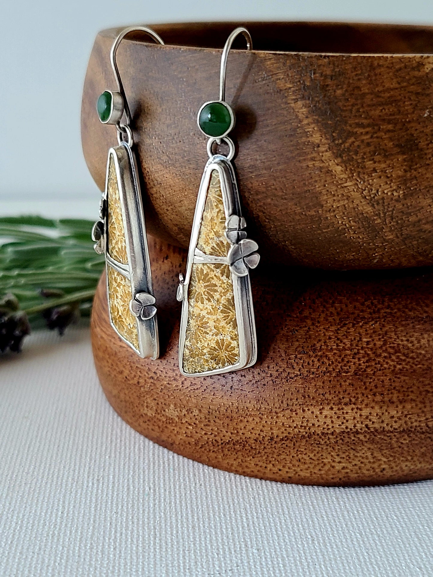 Fossil Flower earrings with Jade