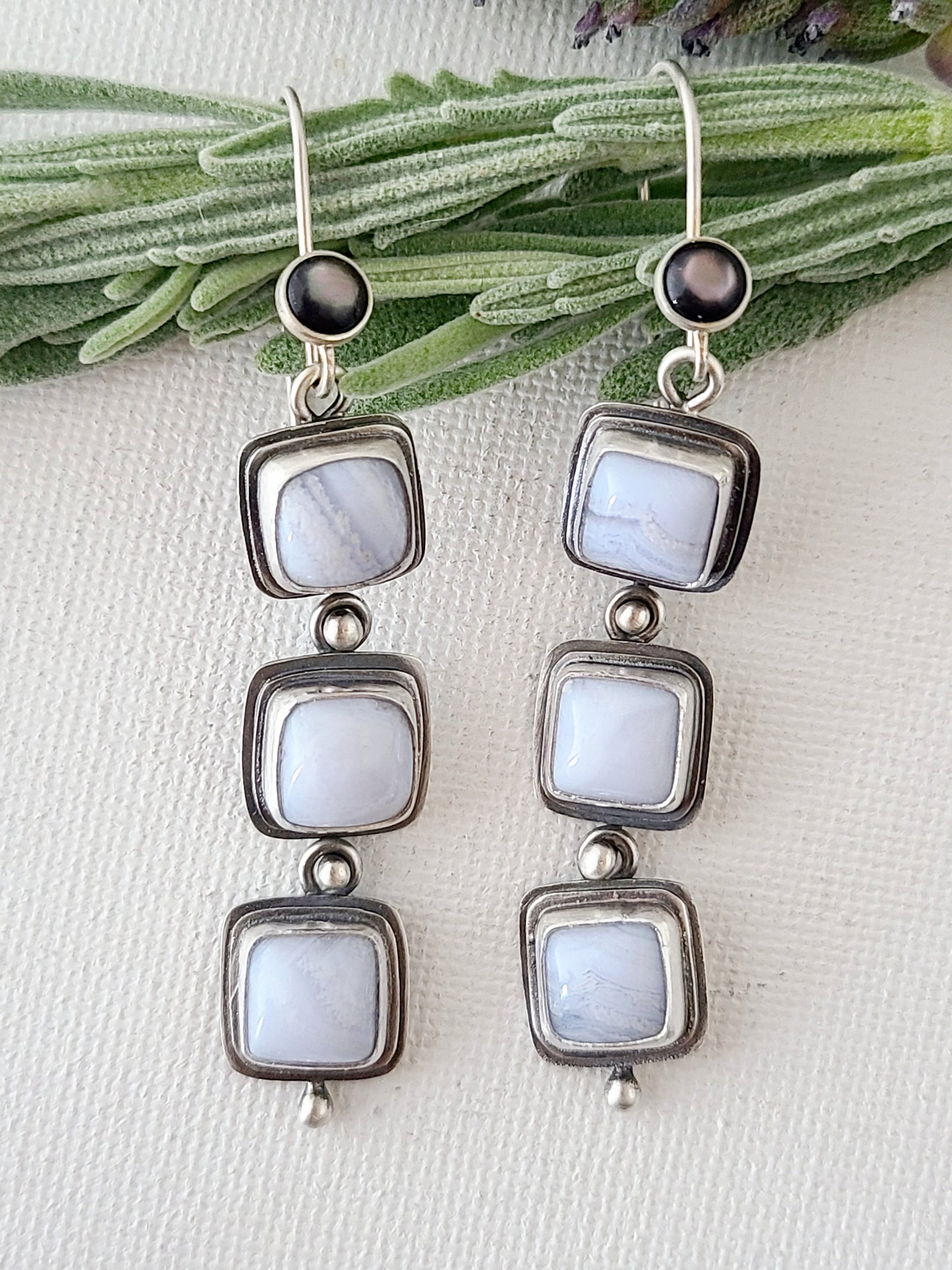 Blue Mist: Three Drop Agate Dangle Earrings