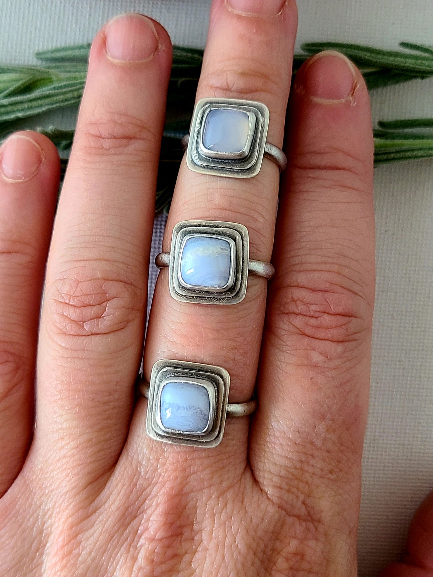 Blue Mist: Square Agate Ring-size 6 US
