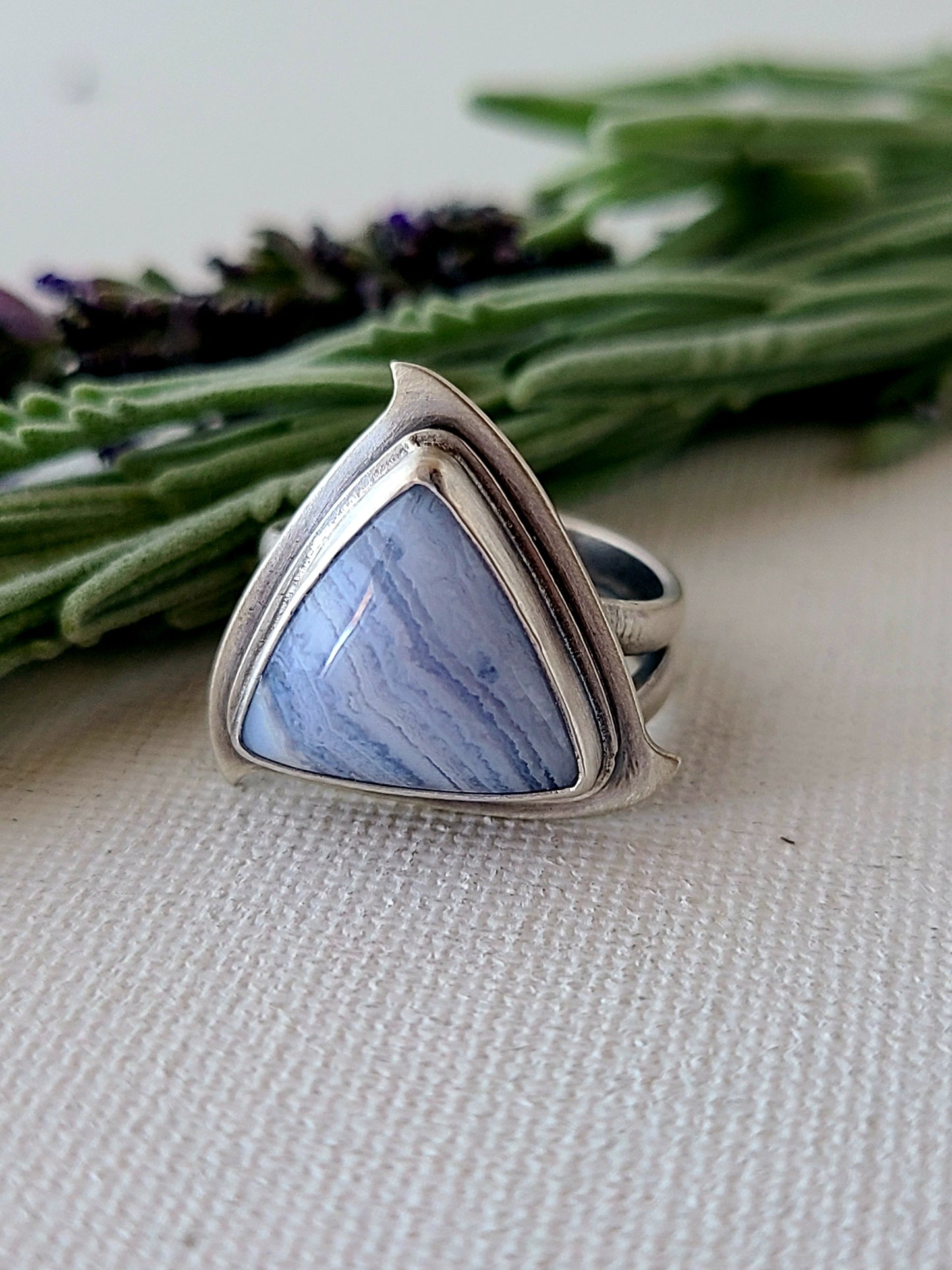 Blue Mist: Triangle Agate Ring-size 6 US