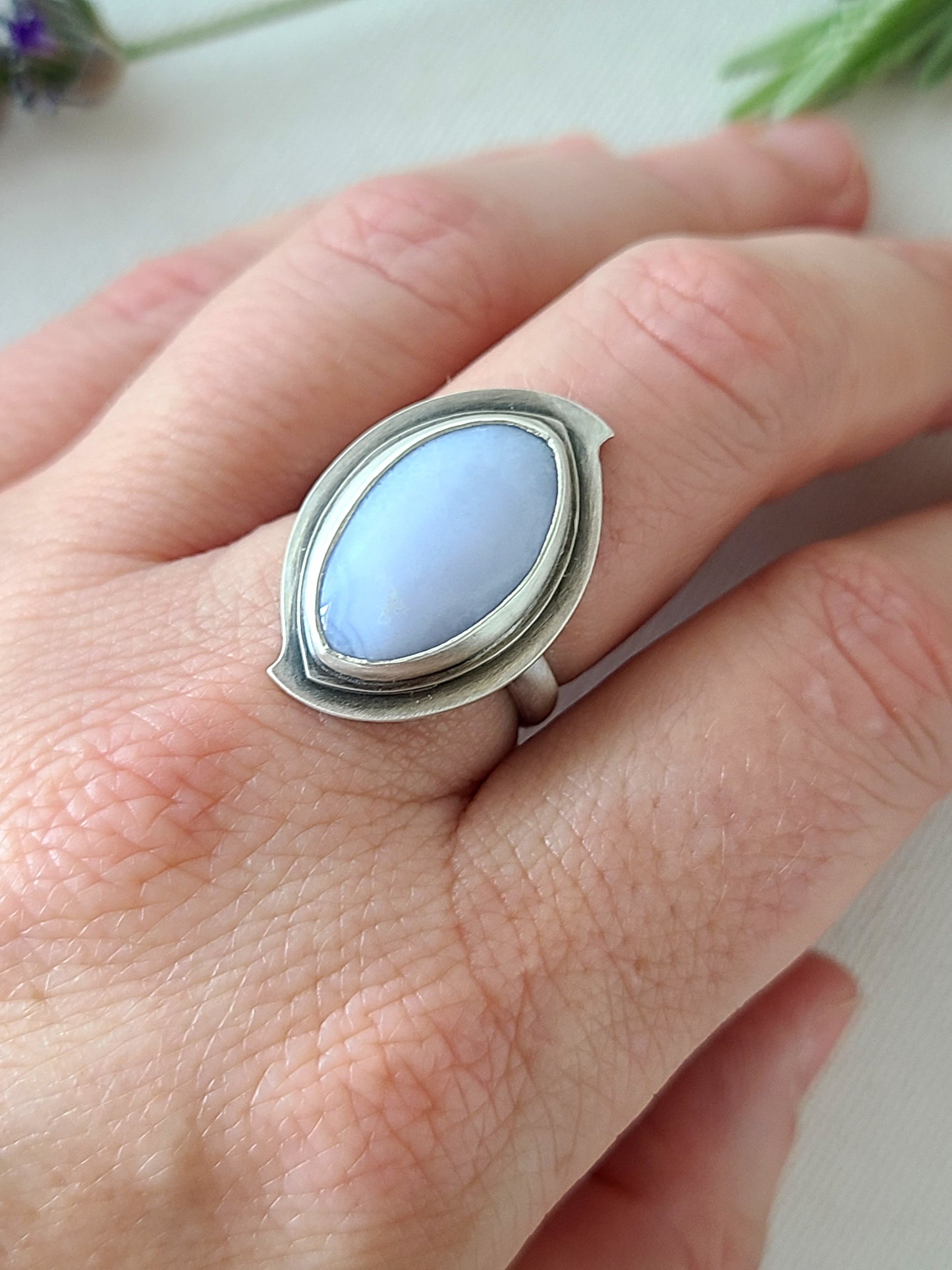 Blue Mist: Marquise Agate Ring-size 8.25 US