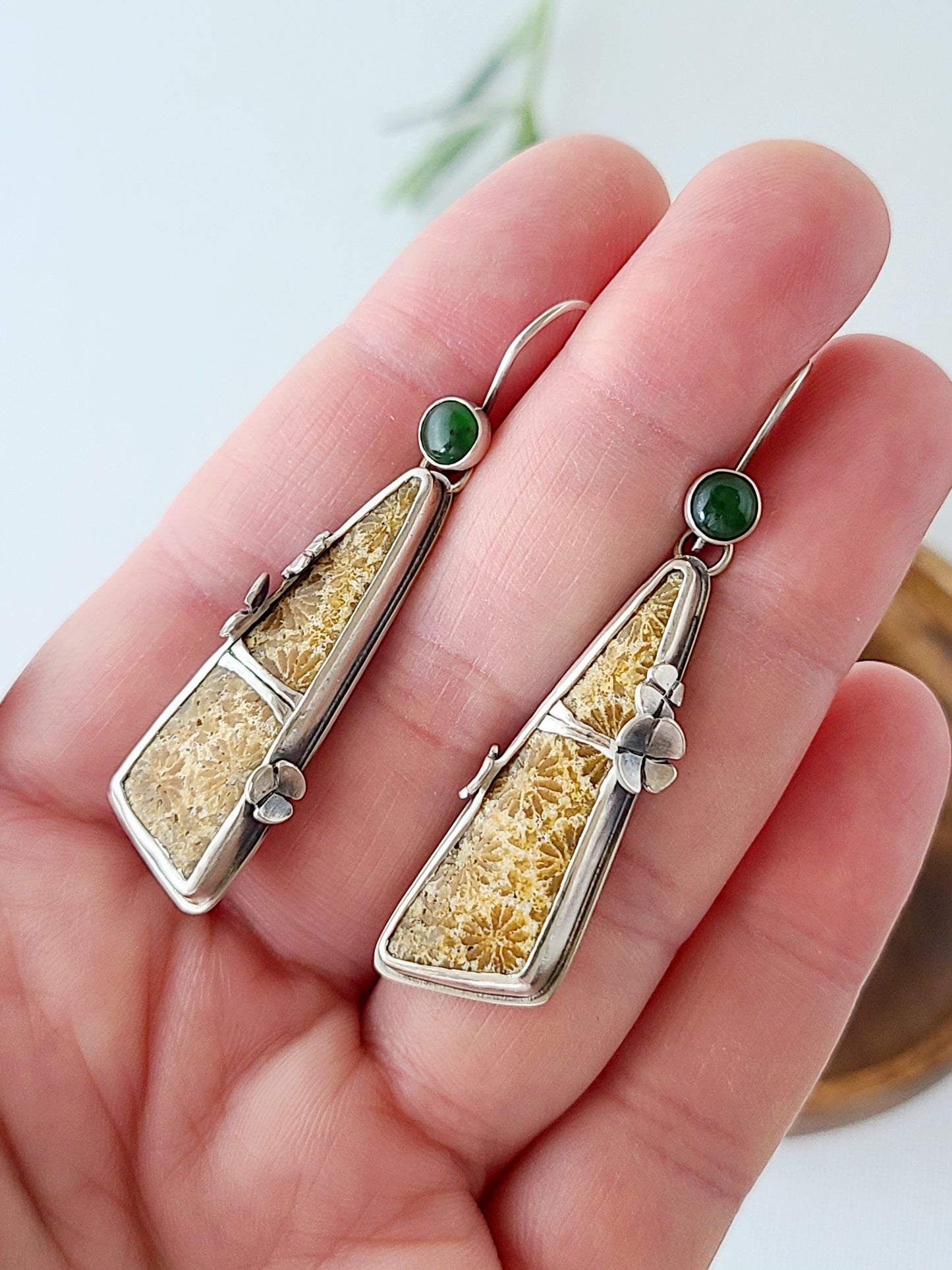 Fossil Flower earrings with Jade