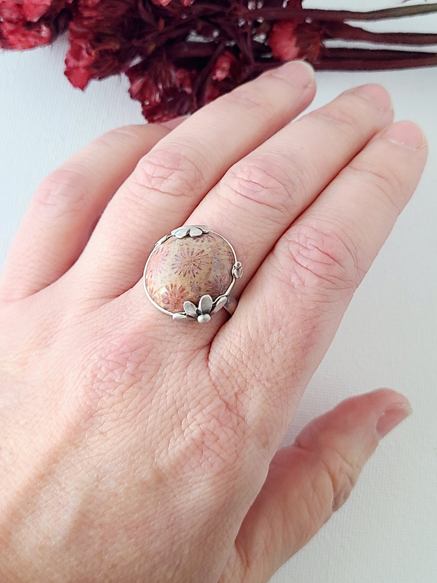 Bouquet ring with Purple Fossil Coral-size 9.5 US
