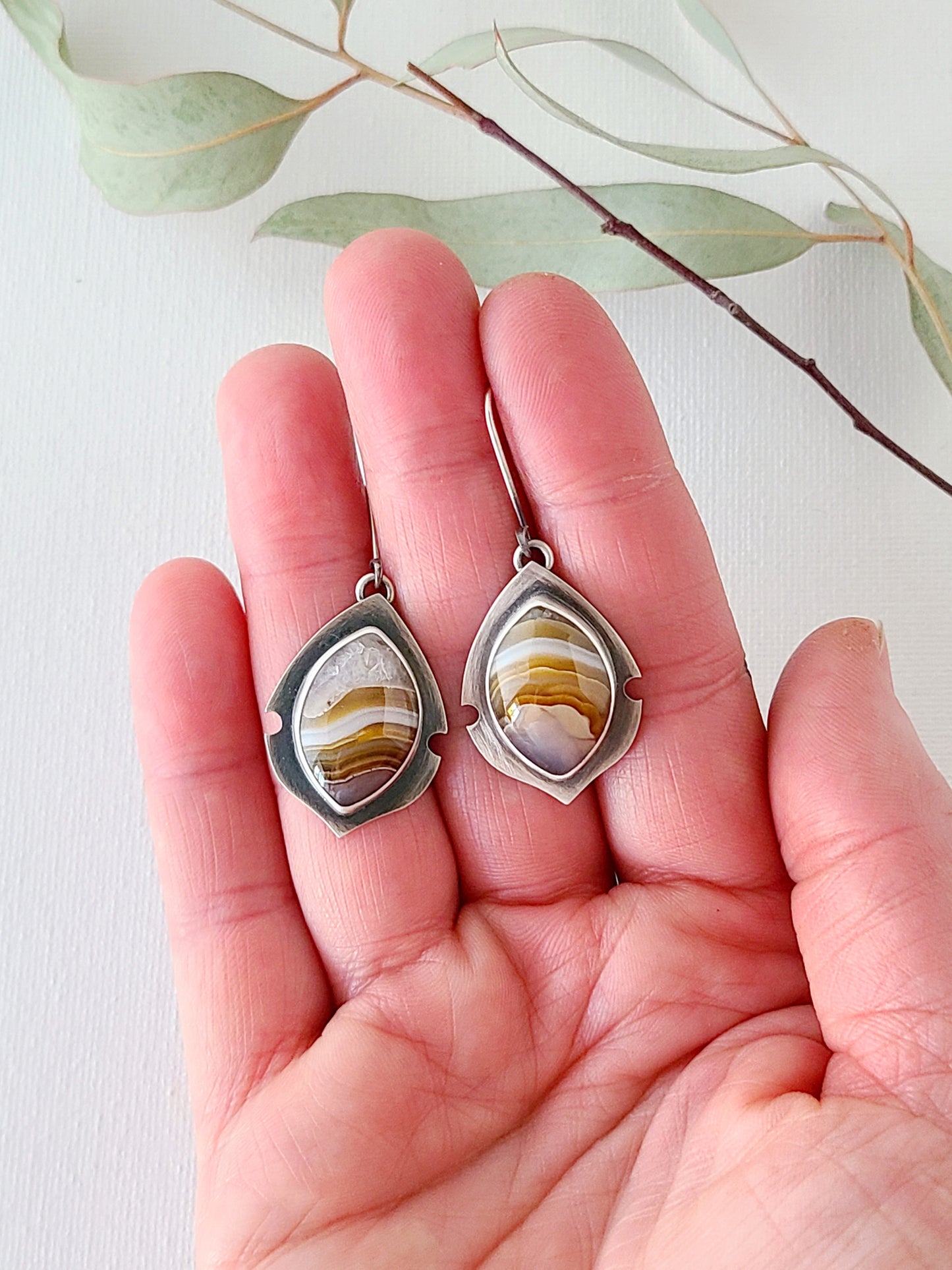 Navette earrings-Gold and Umber Laguna Agate