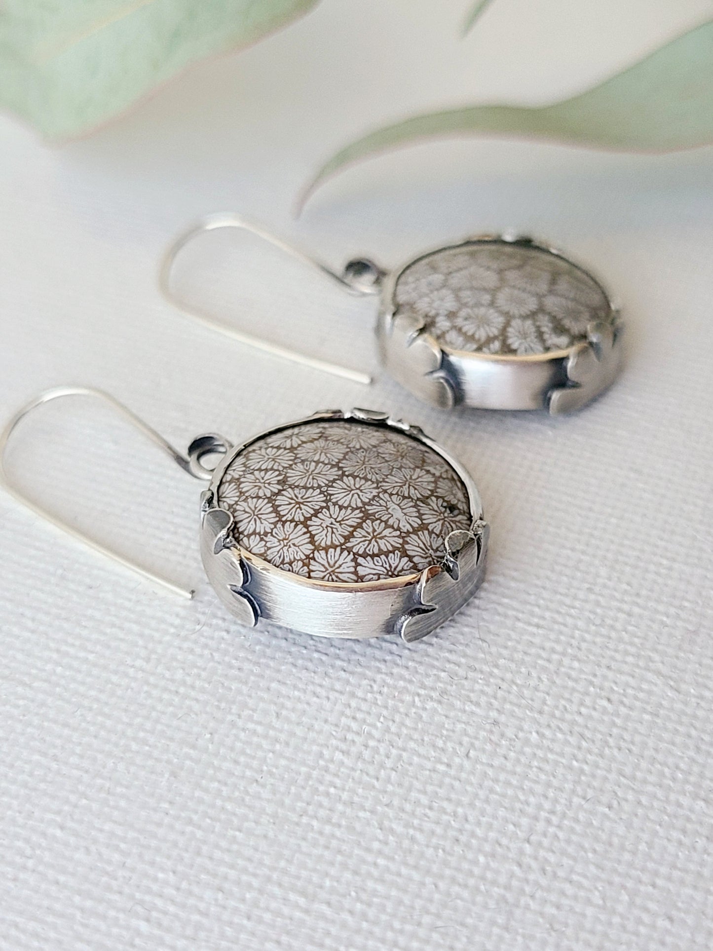 Fossil Flower earrings-Black & White Round Fossilized Coral