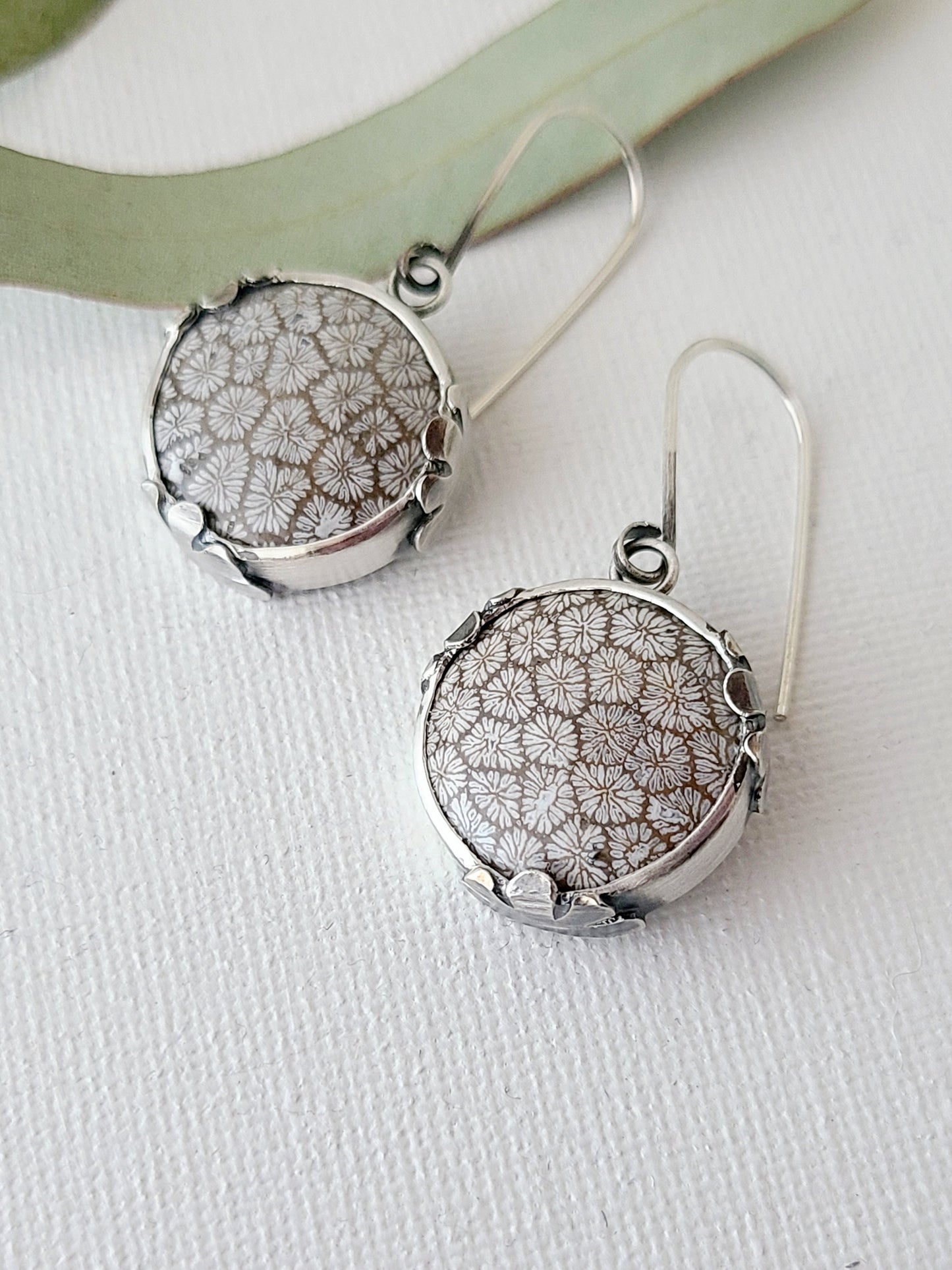 Fossil Flower earrings-Black & White Round Fossilized Coral