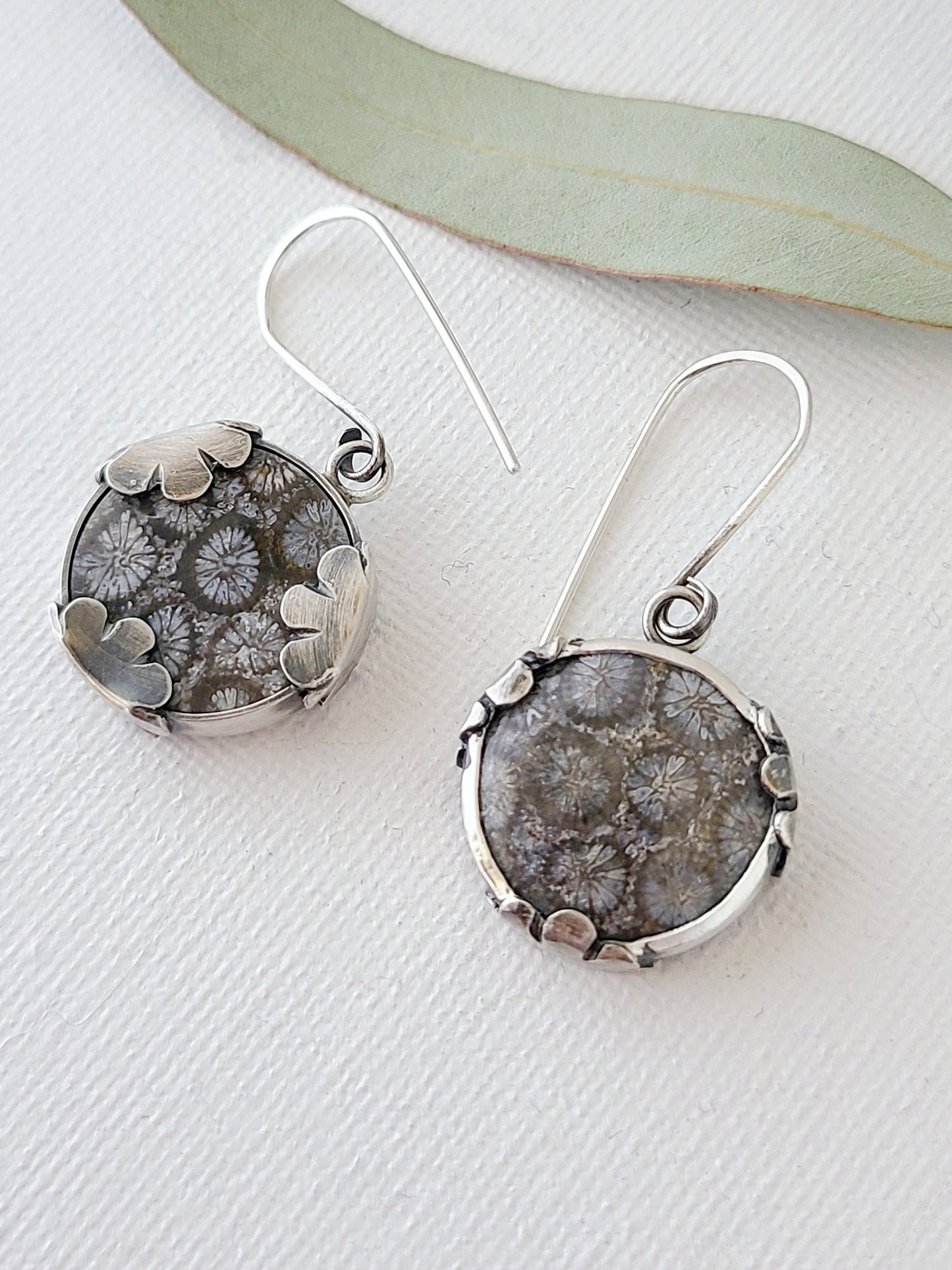 Fossil Flower earrings-Black & Gray Round Fossilized Coral