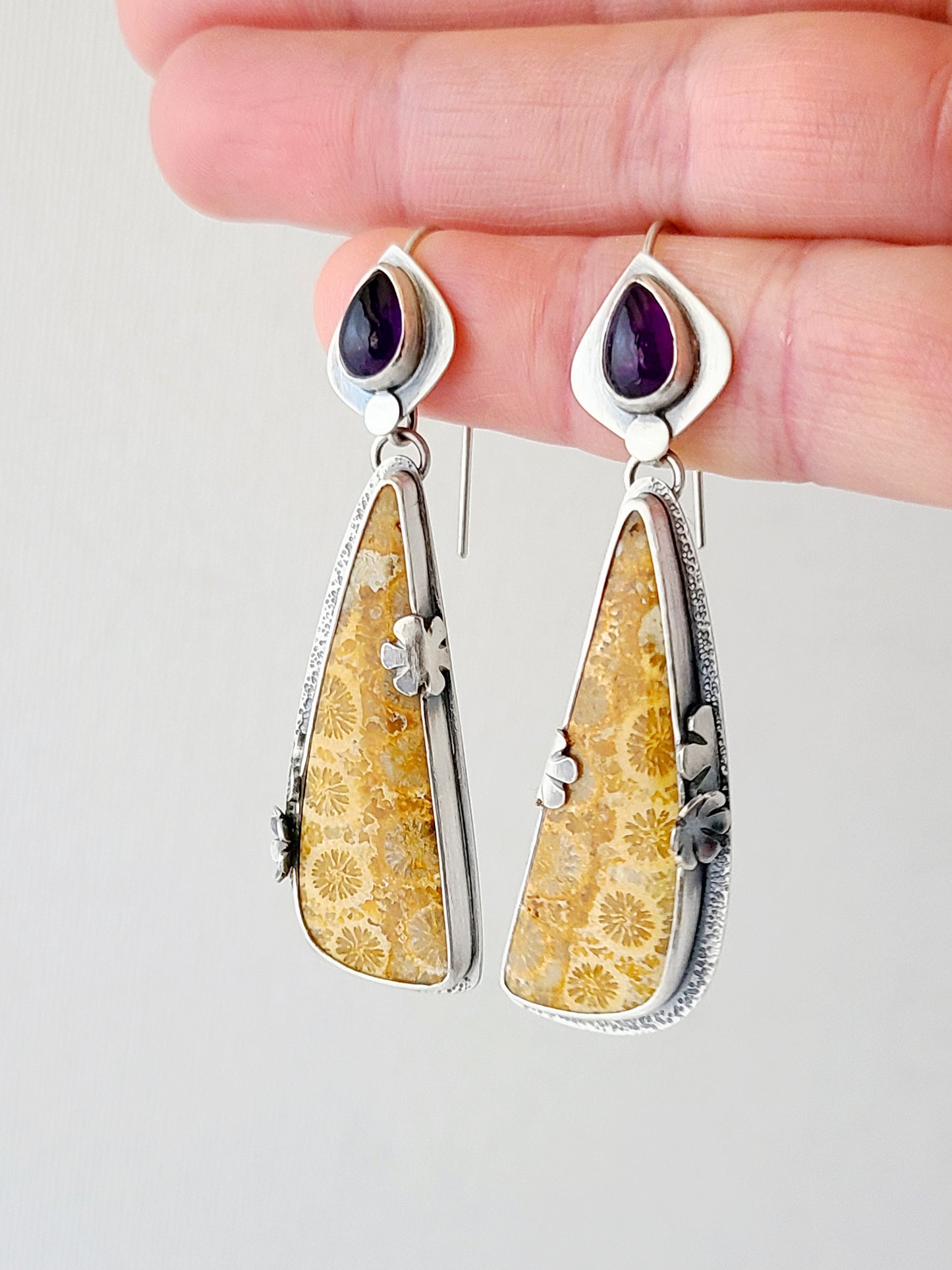 Fossil Flower earrings-Fossilized Coral with Amethyst