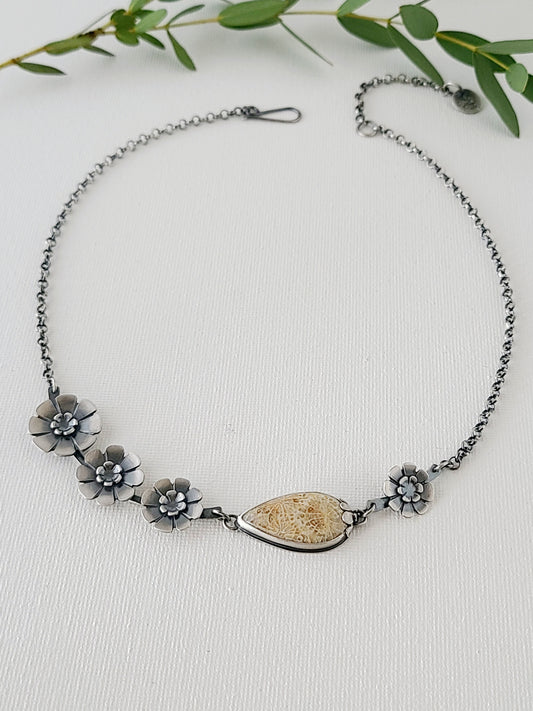 Flowers Statement Necklace with Fossilized Coral