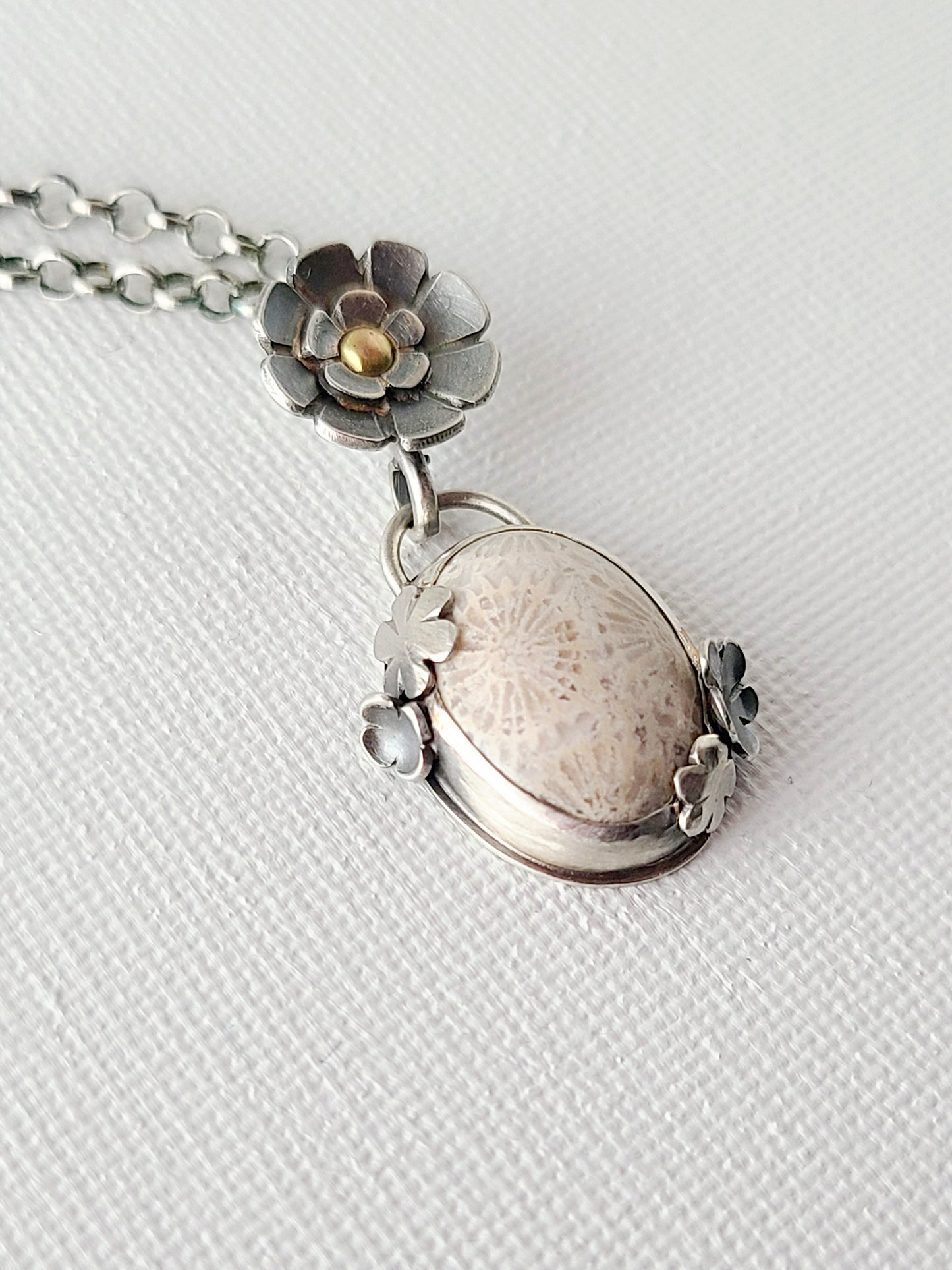 Flowers Pendant with Fossilized Coral #4