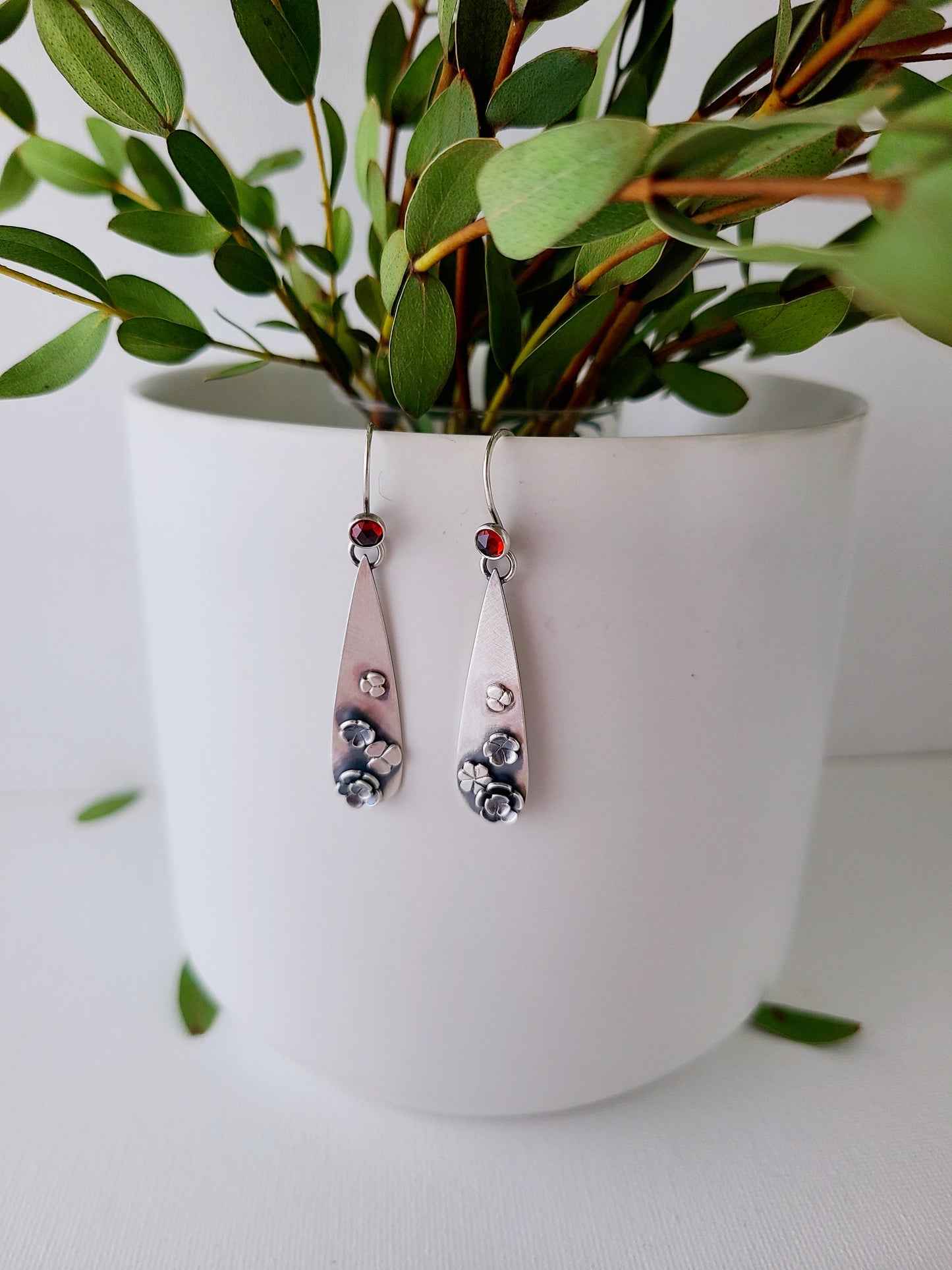 Blossom earrings-Long teardrop with Garnet