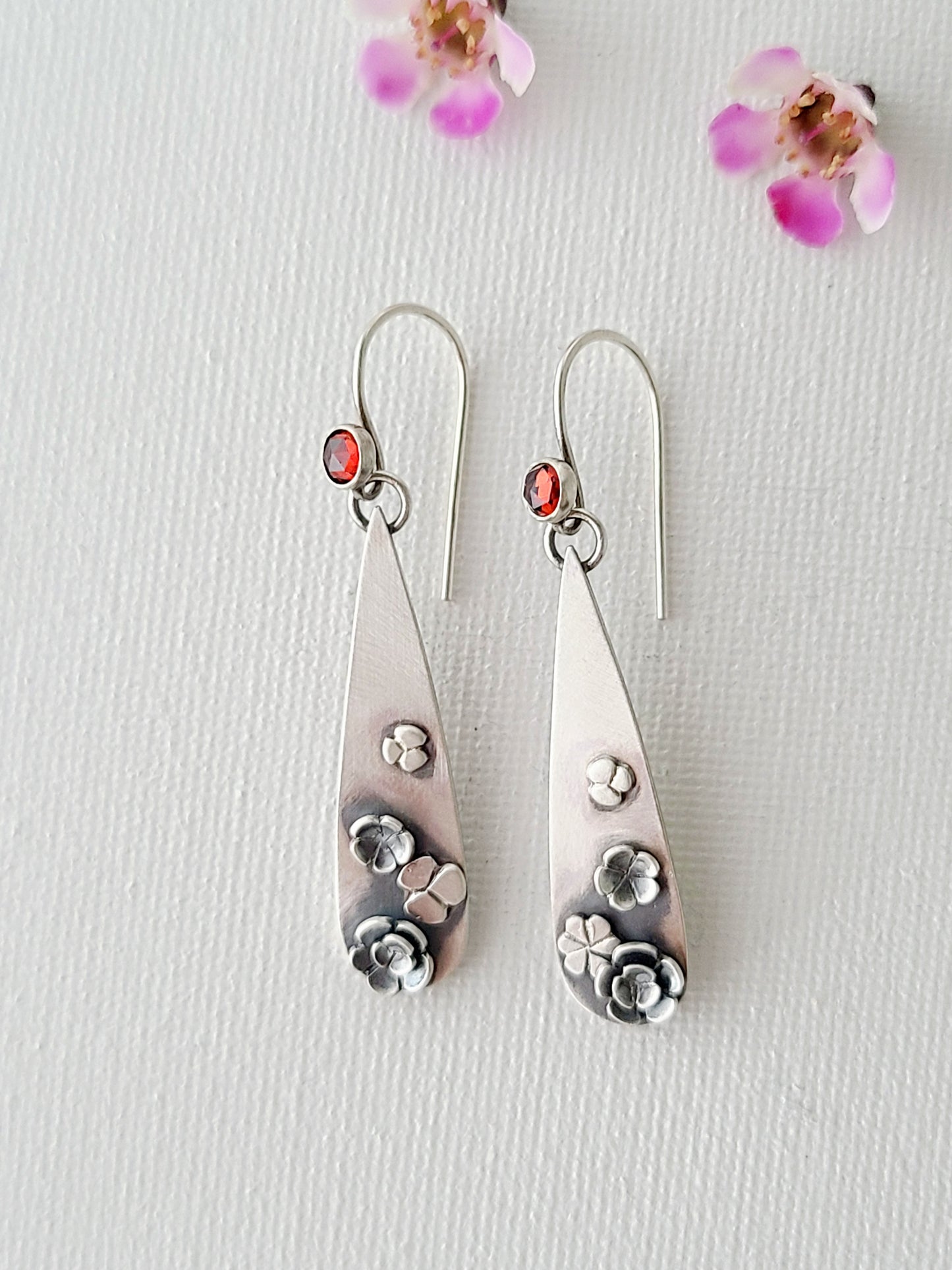 Blossom earrings-Long teardrop with Garnet