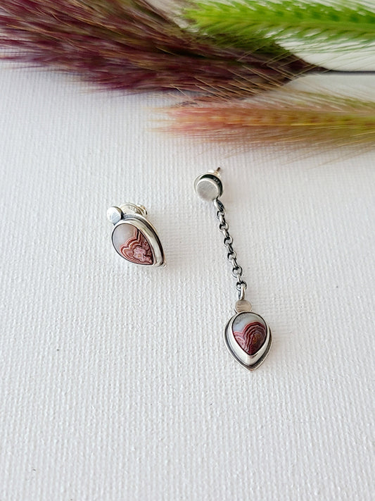 Skipping Stones stud earrings Long and Short with Crazy Lace Agate