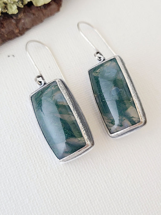 Bryophyte Earrings with rectangle Moss Agate