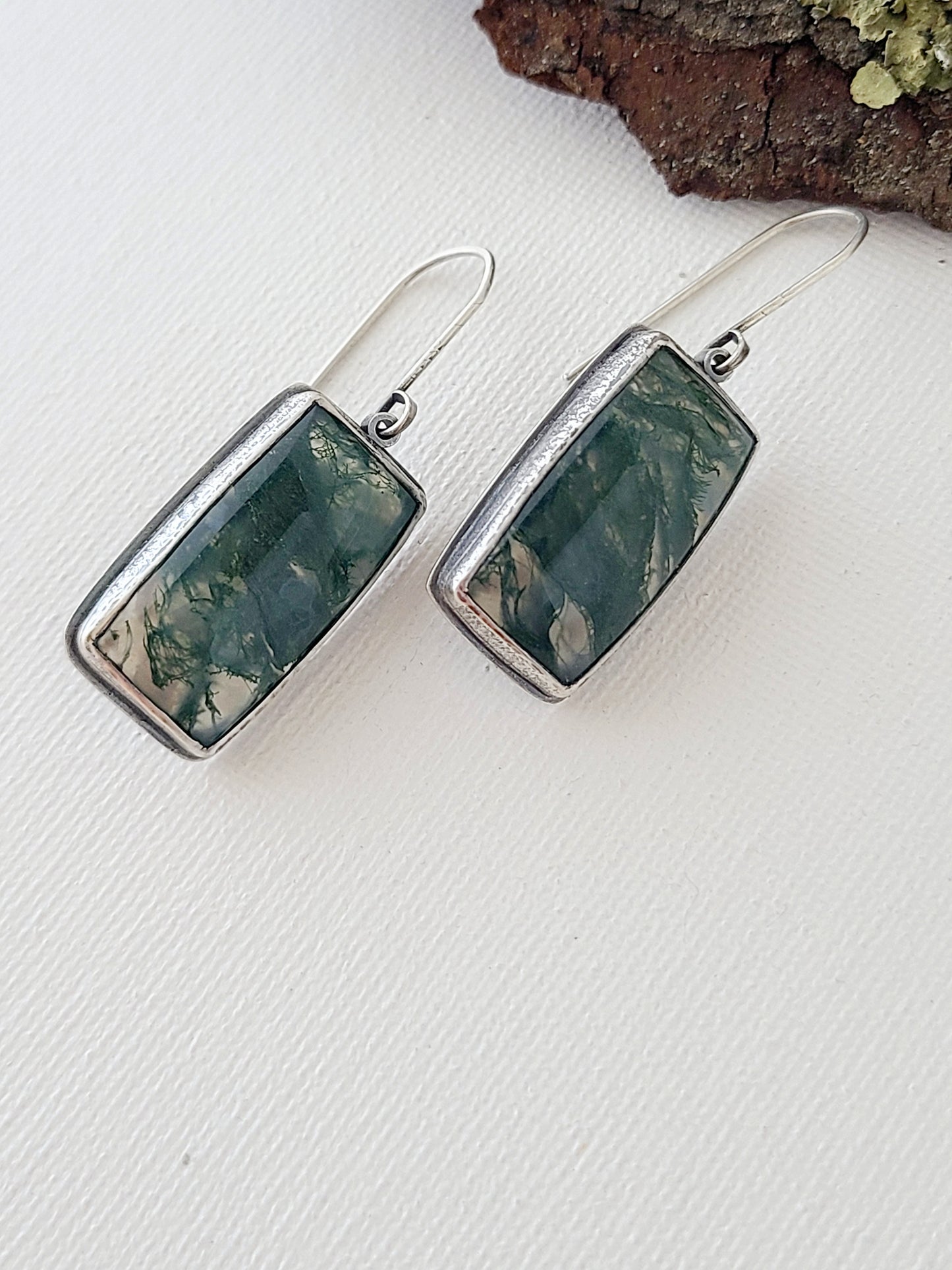 Bryophyte Earrings with rectangle Moss Agate