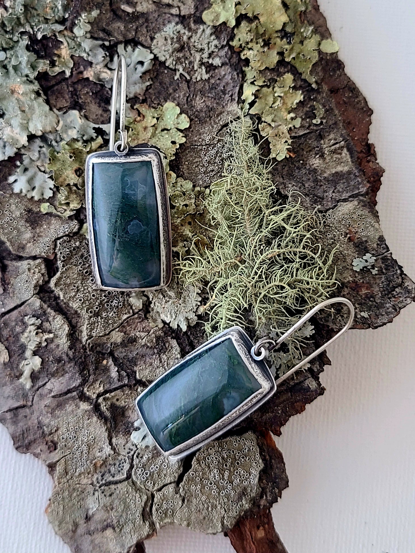 Bryophyte Earrings with rectangle Moss Agate