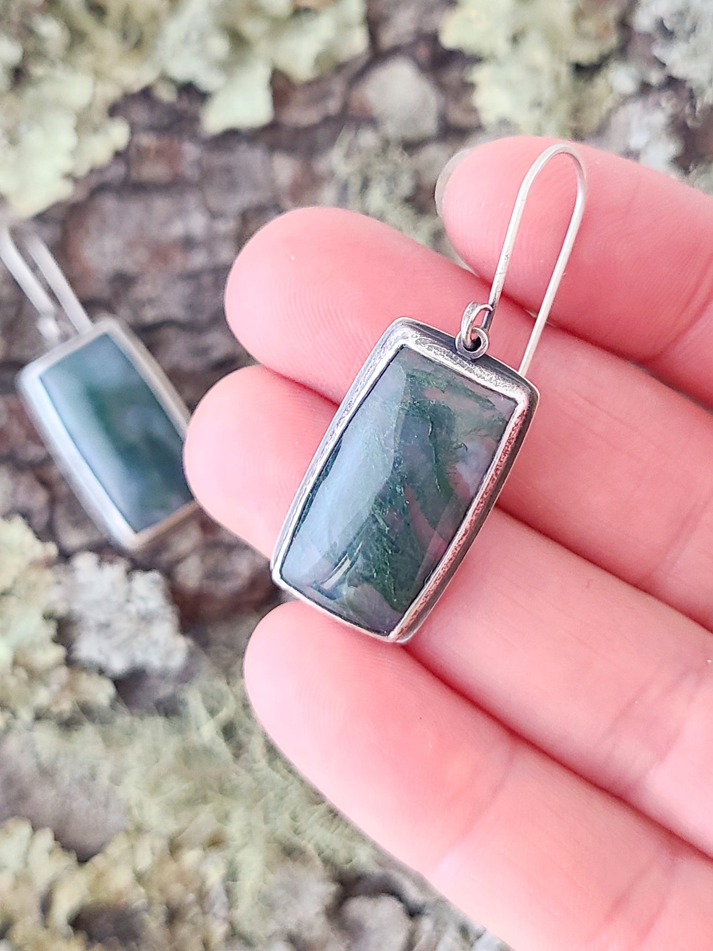 Bryophyte Earrings with rectangle Moss Agate