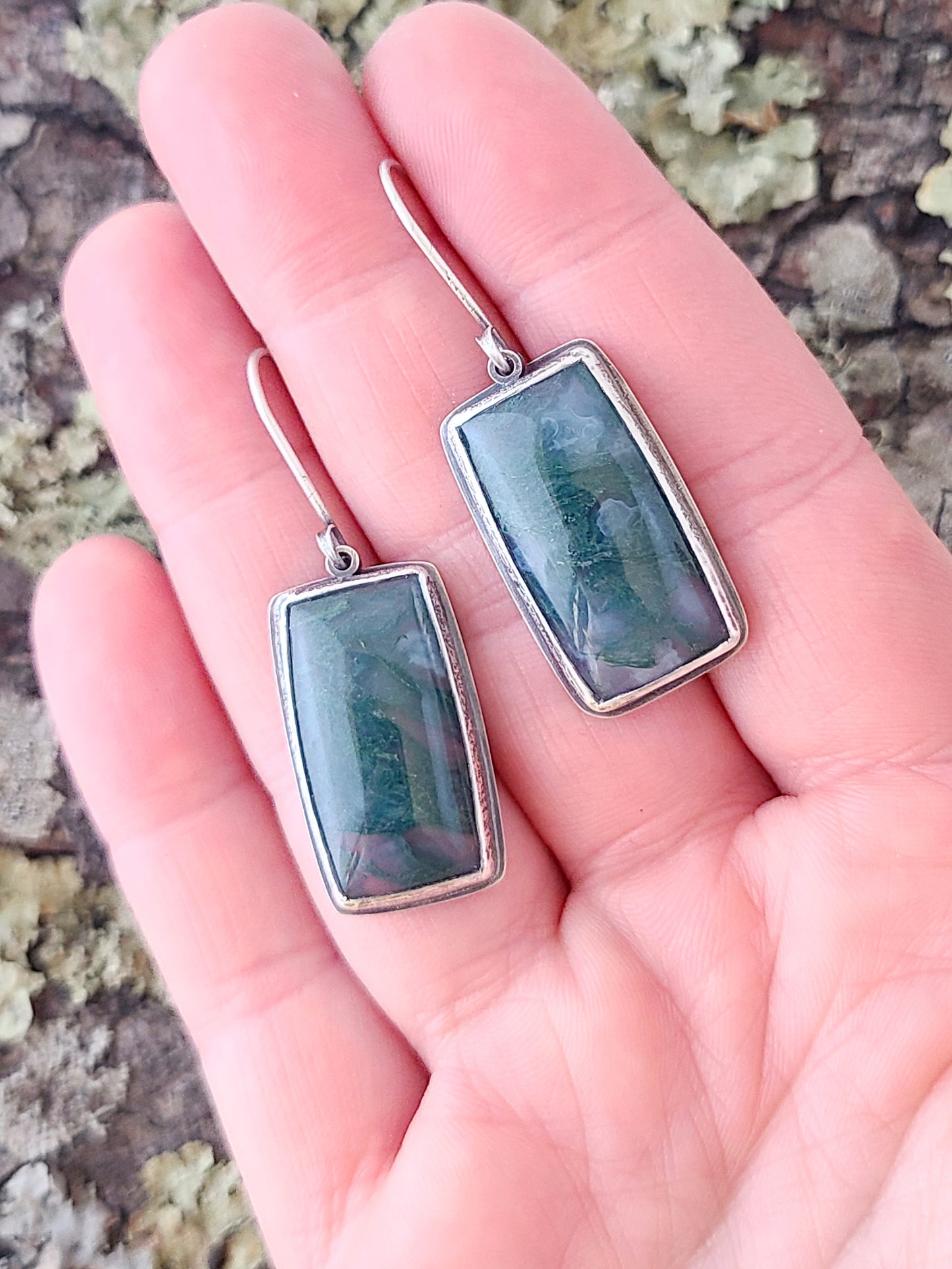 Bryophyte Earrings with rectangle Moss Agate