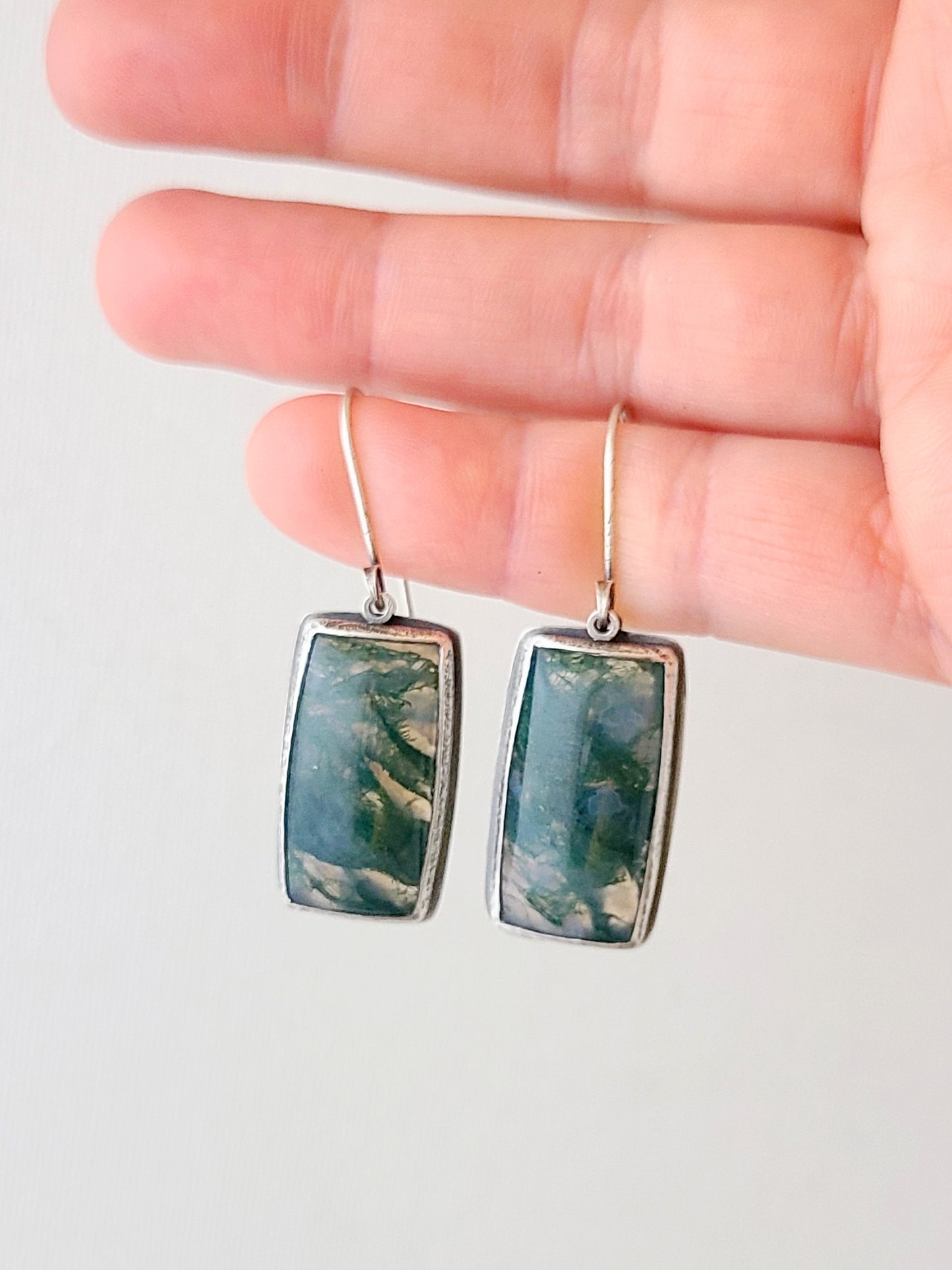 Bryophyte Earrings with rectangle Moss Agate