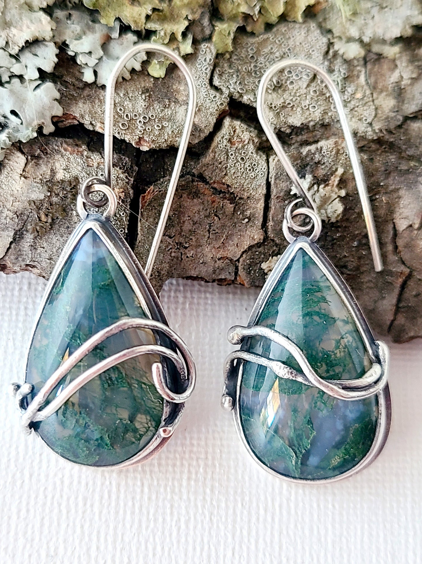 Tangled Bryophyte Earrings with Moss Agate