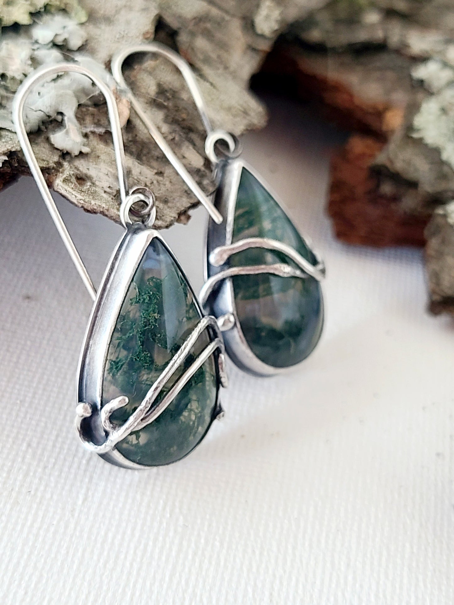 Tangled Bryophyte Earrings with Moss Agate