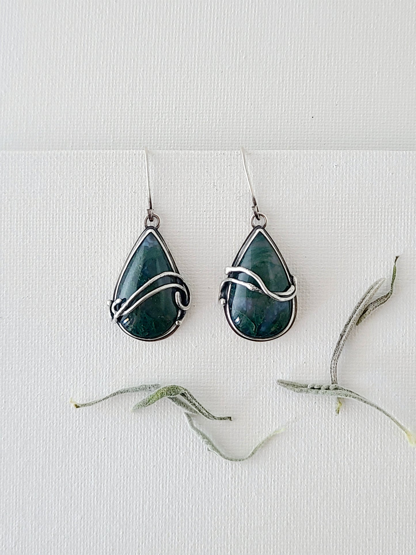 Tangled Bryophyte Earrings with Moss Agate