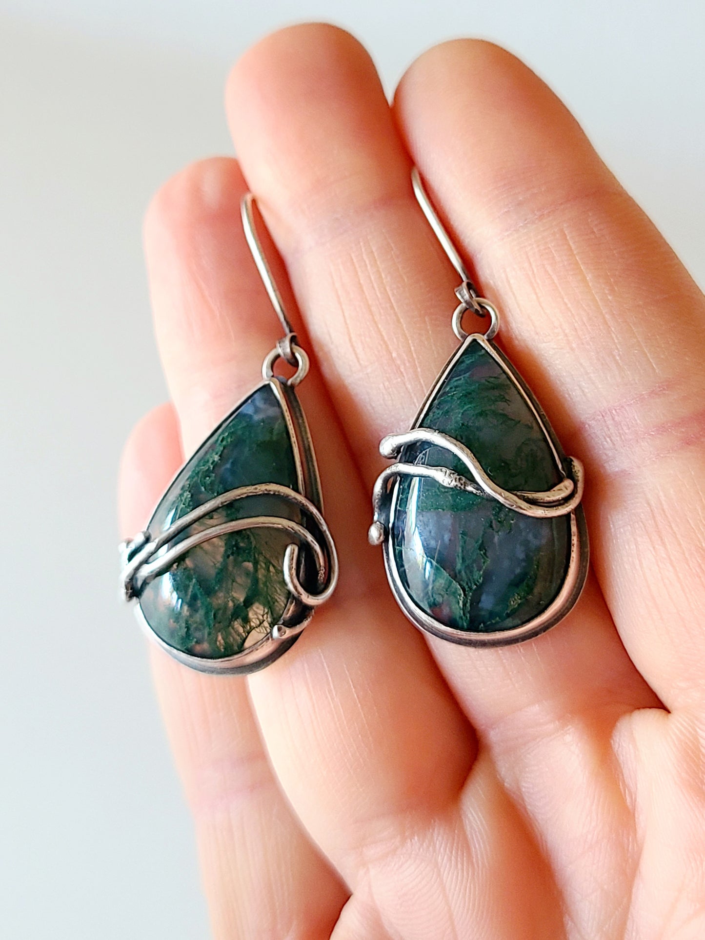 Tangled Bryophyte Earrings with Moss Agate