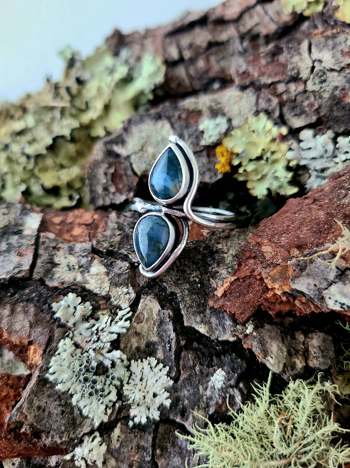 Tendril ring #1: Double Teardrop Moss Agate-size 8.5 US