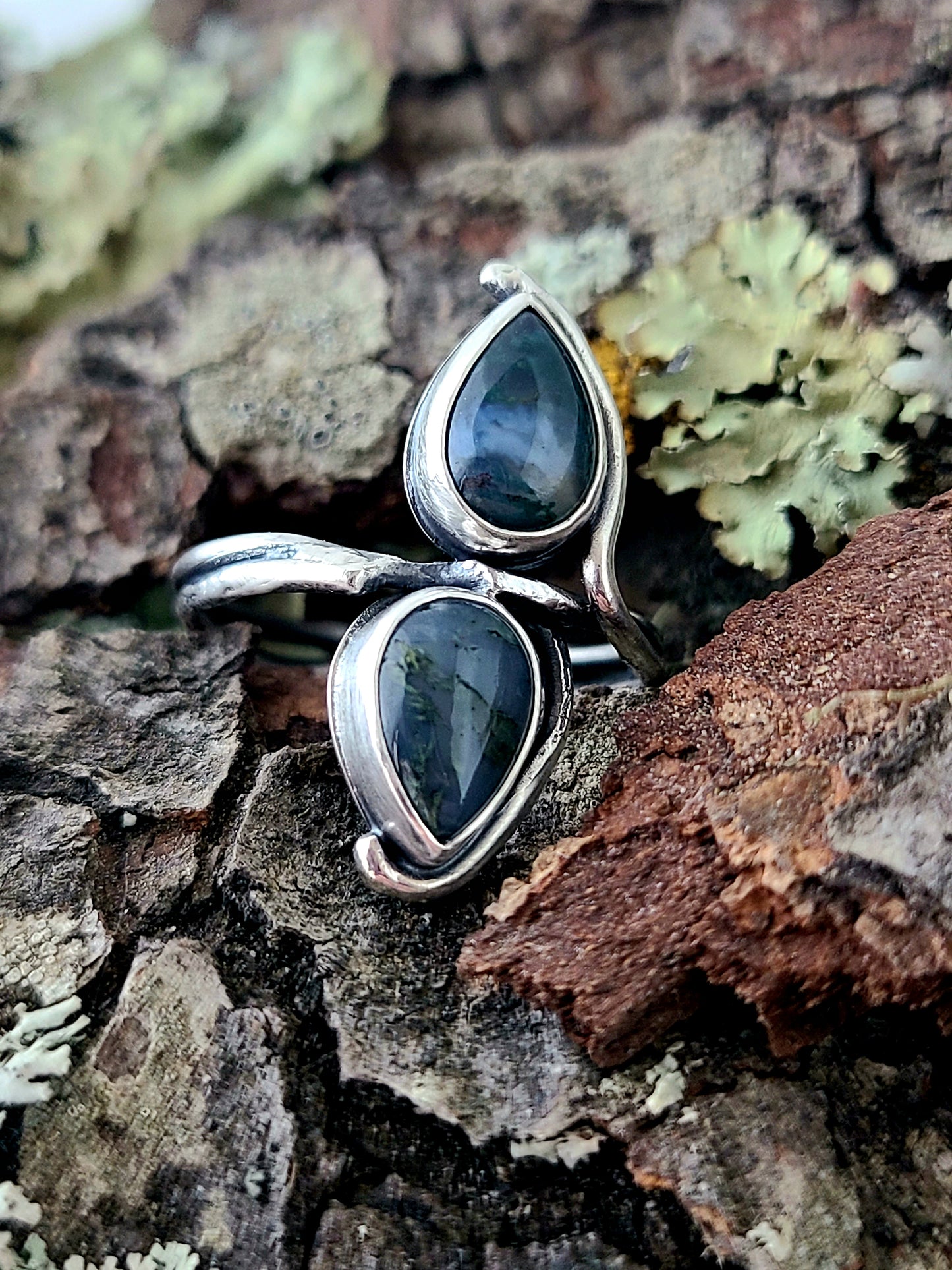 Tendril ring #1: Double Teardrop Moss Agate-size 8.5 US